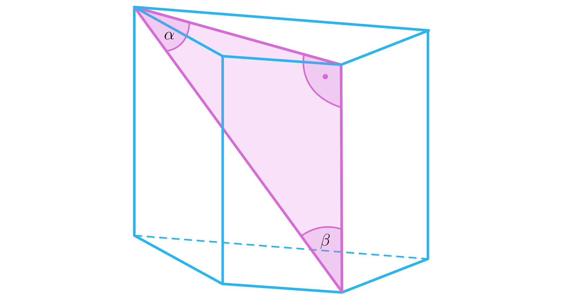 Ilustracja przedstawia graniastosłup prosty o podstawie trapezu. W trapezie zaznaczono przekątną górnej podstawy, przekątną graniastosłupa i krawędź ściany bocznej. Linie te tworzą trójkąt prostokątny, przy czym przekątna podstawy i krawędź ściany bocznej stanowią przyprostokątne, a przekątna graniastosłupa jest przeciwprostokątną. Kąt pomiędzy przekątną podstawy a przekątną graniastosłupa oznaczono literą alfa. Kąt pomiędzy krawędzią ściany bocznej a przekątną graniastosłupa oznaczono literą beta.