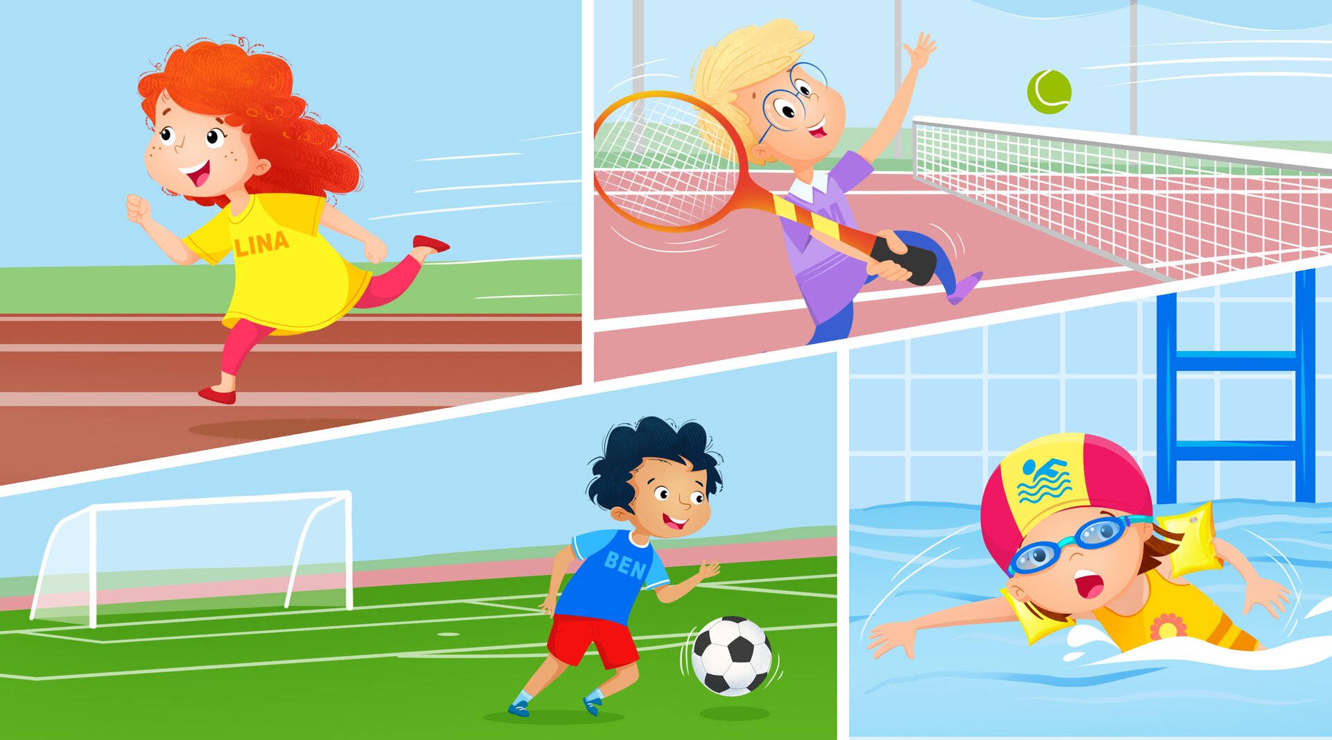 Na ilustracji znajduje się kolaż czterech obrazków. Na pierwszym widoczna jest biegnąca Lina, na drugim Tim  na korcie tenisowym trzymający rakietę w ręku i uderzający w piłkę. Na trzecim obrazku Ben biegnie za  piłką na boisku, a na czwartym Lea w okularach i czepku pływa w basenie.
