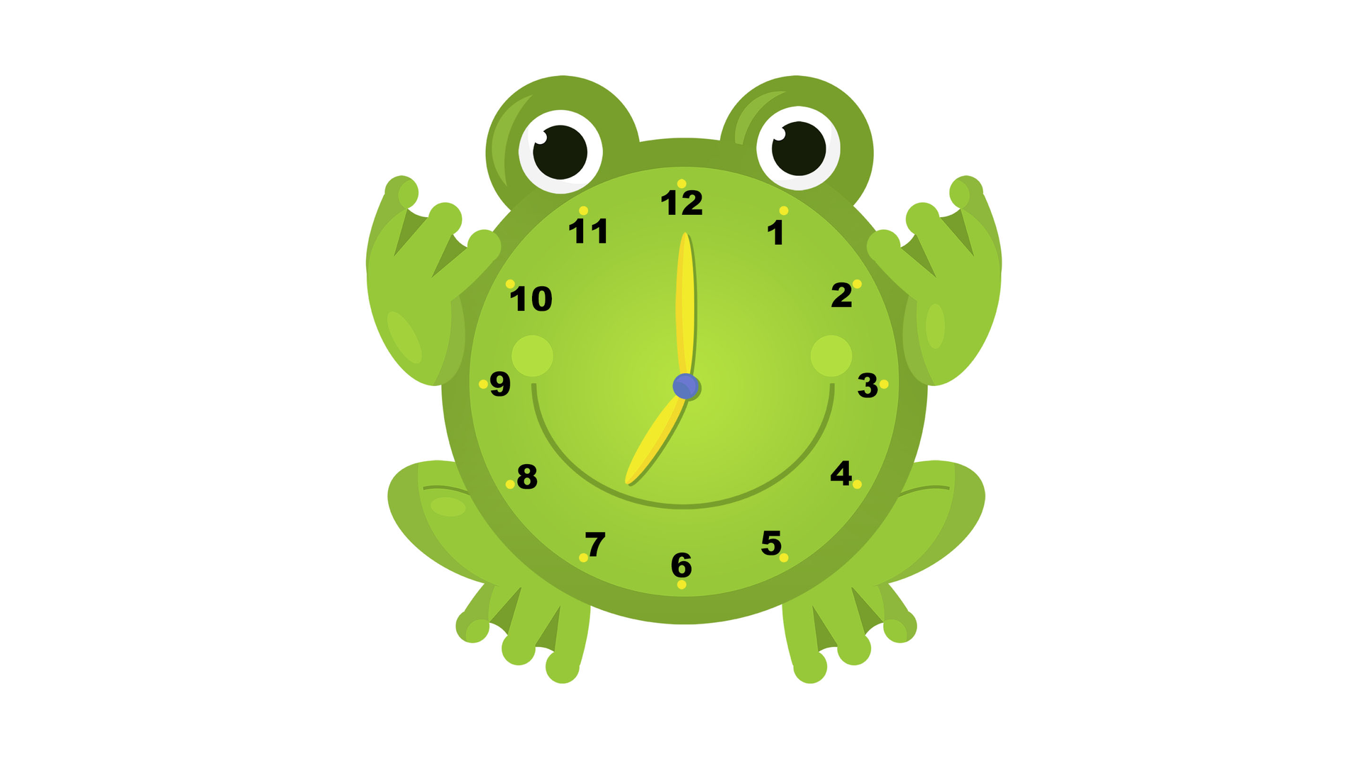 Ilustracja przedstawia zegar w kształcie żabki. Zegar wskazuje godzinę siódmą.