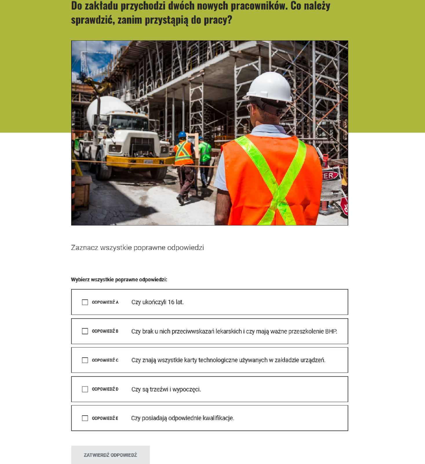 Grafika przedstawia planszę z przykładowym pytaniem z gry edukacyjnej. Na górze znajduje się pytanie, poniżej ilustracja. Niżej wskazówka: Wybierz wszystkie poprawne odpowiedzi. Poniżej znajduje się pięć opcji odpowiedzi do zaznaczenia. Na dole przycisk z napisem: Zatwierdź odpowiedź.