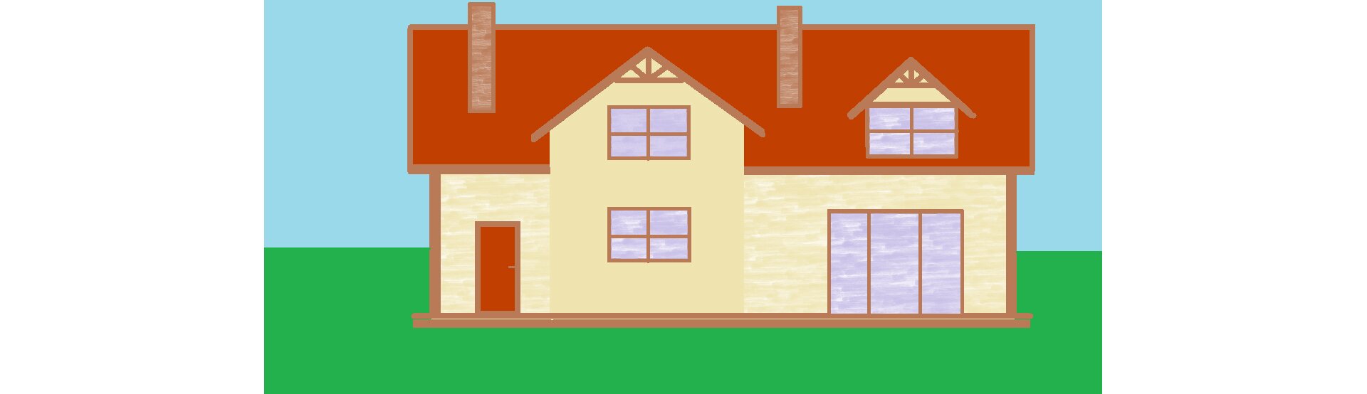 Ilustracja przedstawia dom utworzony z figur geometrycznych. Wszystkie linie są proste, dom posiada jedne drzwi wejściowe po lewej stronie, piętro, skośny dach, dwa kominy, duże szklane drzwi tarasowe po prawej stronie, dwa prostokątne okna na piętrze pod skośnymi daszkami, jedno prostokątne okno na parterze. 