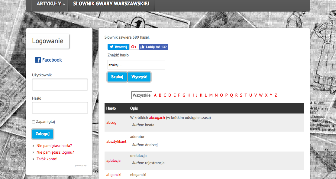 Ilustracja przedstawia zrzut ze strony internetowej gwara-warszawska.waw.pl W górnej części strony znajduje się wyszukiwarka, następnie alfabet przeznaczony do wyszukiwania, poniżej przykładowe słowa wyszukane na literę A.