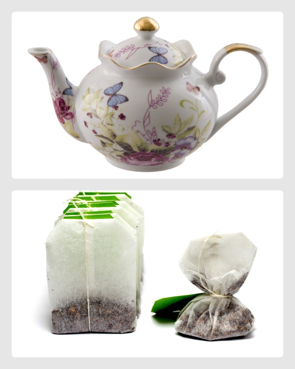 Ilustracja przedstawia ozdobny dzbanek na herbatę oraz torebki z herbatą