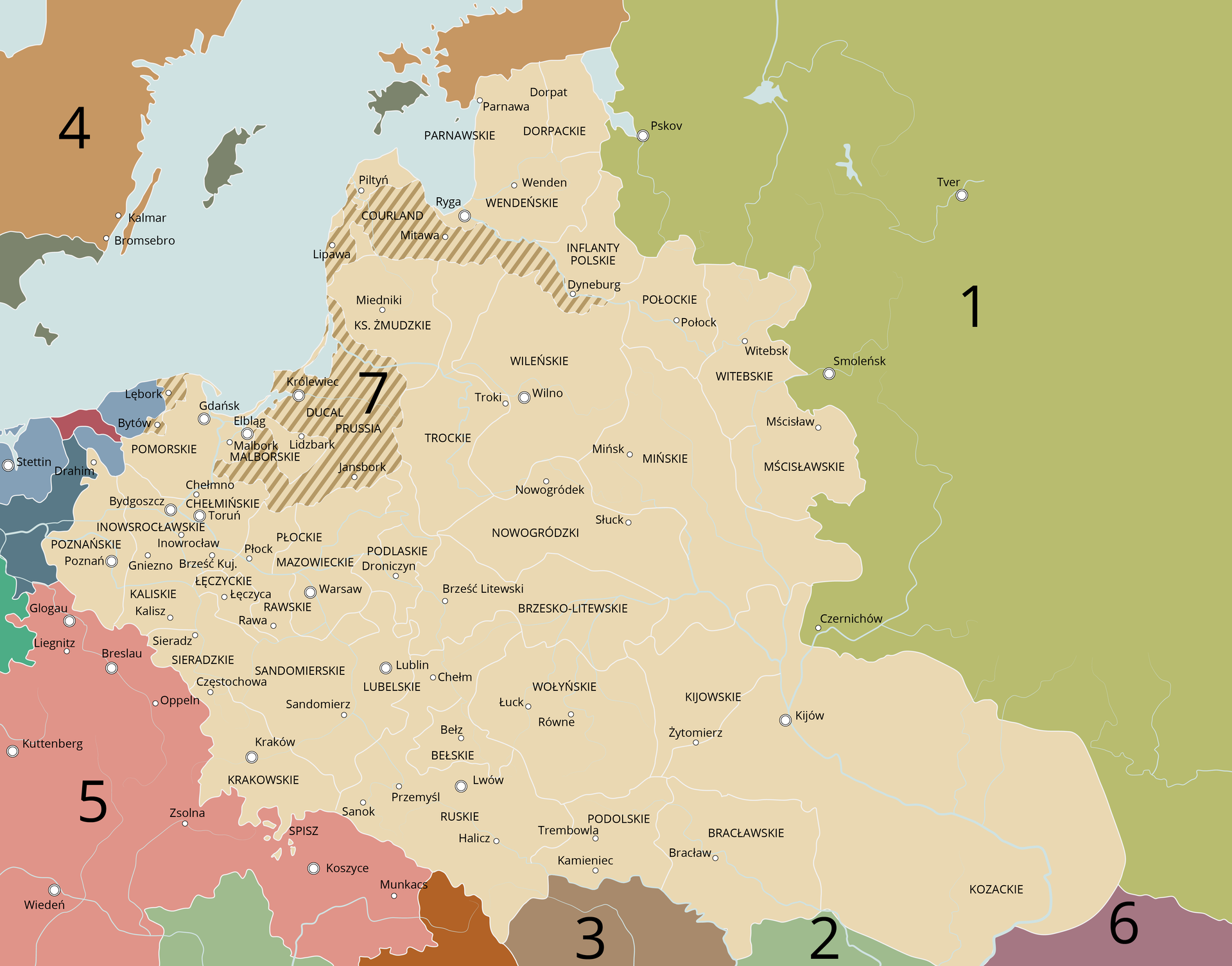 Mapa Rzeczpospolitej z siedemnastego wieku wraz z sąsiadami. Na wschodzie jest sąsiad oznaczony numerem jeden. Na południu na granicy województwa bracławskiego i kozackiego oznaczono sąsiada numerem dwa, pod województwem podolskim jest sąsiad z numerem trzy. Numerem cztery oznaczono sąsiada, który jest na północ od Polski. Numerem pięć oznaczono rejon sąsiadujący z Polską na południowym zachodzie. Numerem sześć oznaczono sąsiada graniczącego z województwem kozackim. Numerem 7 zaznaczono teren na północy Polski na wschód od Gdańska. 