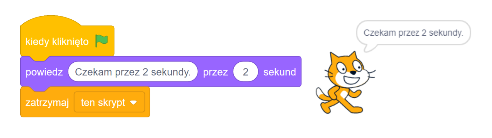 Na zdjęciu przedstawiono przykładowy algorytm z blokiem powiedz przez.
W pierwszym bloku algorytmu znajduje się napis: kiedy kliknięto. Za napisem widoczna jest zielona flaga.
W drugim bloku algorytmu widoczny jest napis: powiedz czekam przez dwie sekundy, przez dwie sekundy. Zdanie czekam przez dwie sekundy jest w osobnych polu do uzupełnienia. Wartość dwa za słowem przez jest w osobnym polu do uzupełnienia.
W trzecim bloku algorytmu znajduje się napis: zatrzymaj ten skrypt. Ten skrypt znajduje się w rozwijalnym polu wyboru.
Po prawej stronie algorytmu widoczny jest animowany duszek w kształcie kota. Kot idzie. Nad duszkiem jest okno dialogowe z napisem: czekam przez dwie sekundy.