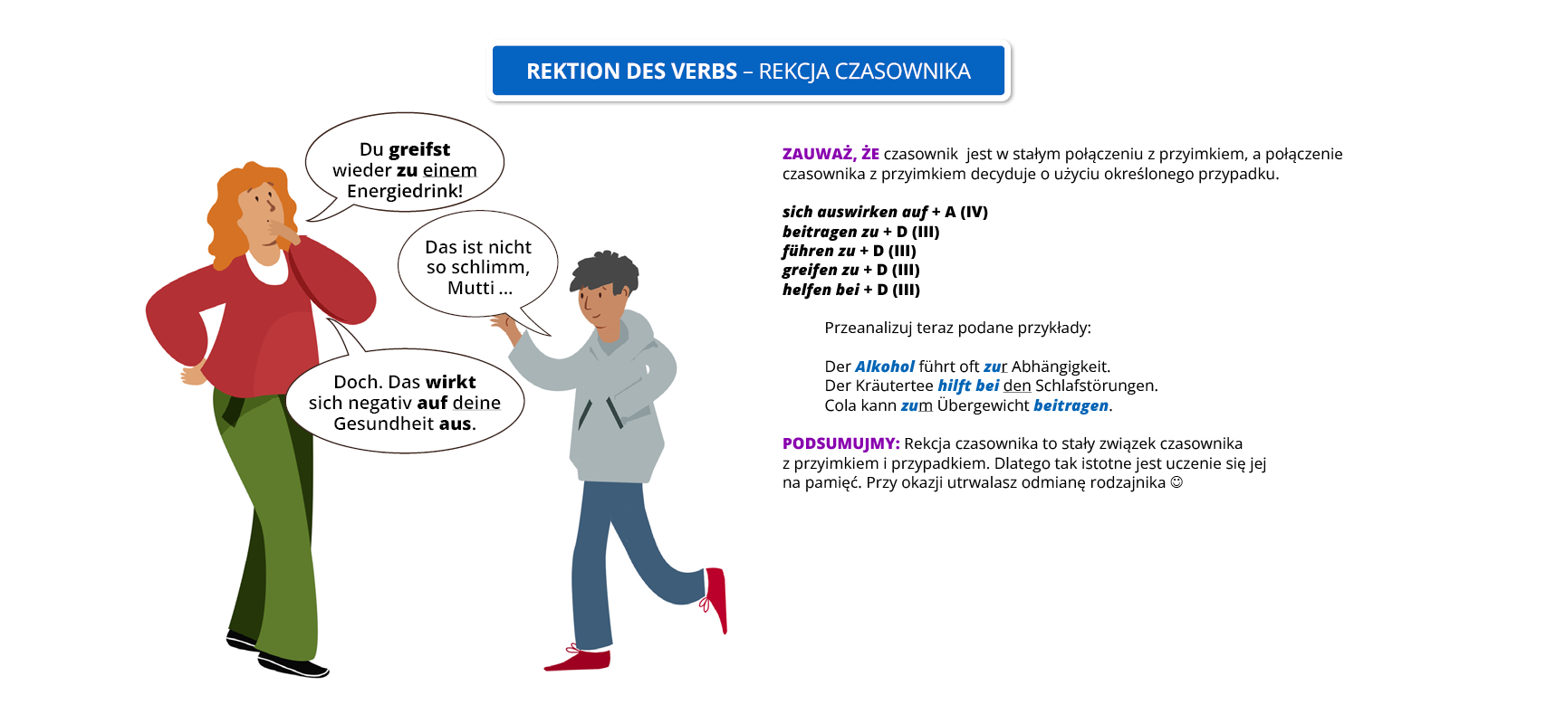 Ilustracja zawiera poradę językową o tytule Rektion des Verbs - rekcja czasownika.  Na ilustracji znajduje się kobieta z chłopcem, którzy prowadzą dialog. Kobieta ubrana jest w zielone spodnie i czerwoną bluzkę, a chłopiec w niebieskie spodnie i szarą bluzę. Pozostałą część ilustracji stanowi tekst, którego treść wyświetla się w trybie dostępności.