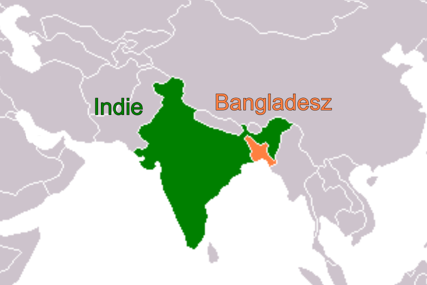 Mapa przedstawia lokalizację Indii, zaznaczoną kolorem zielonym, i Bagladeszu, zaznaczoną kolorem pomarańczowym.