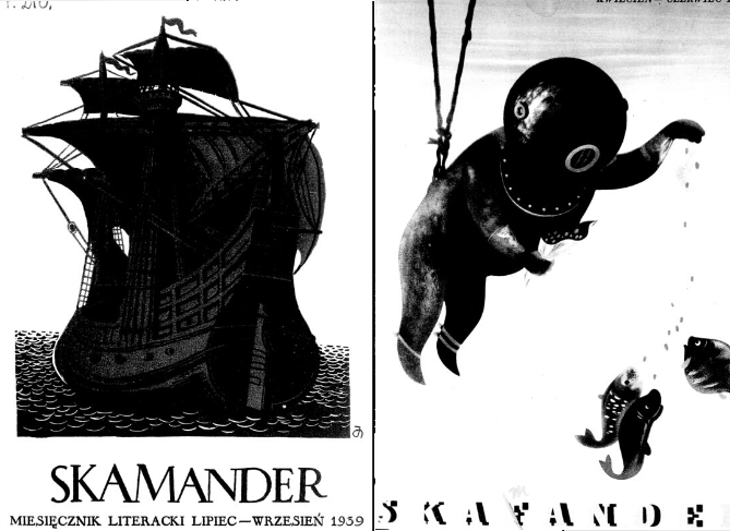 Zdjęcie przedstawia dwie okładki czasopisma. Na okładce po lewej stronie znajduje się galeon płynący po morzu, pod żaglami. Poniżej napis Skamander, Miesięcznik Literacki Lipiec‑Wrzesień 1959. Po prawej stronie na okładce znajduje się pływający pod wodą słoń, który ma założony na głowę hełm nurka. Z trąby słonia sypie się w dół karma, którą zjadają trzy ryby. Pod spodem napis Skamander.
