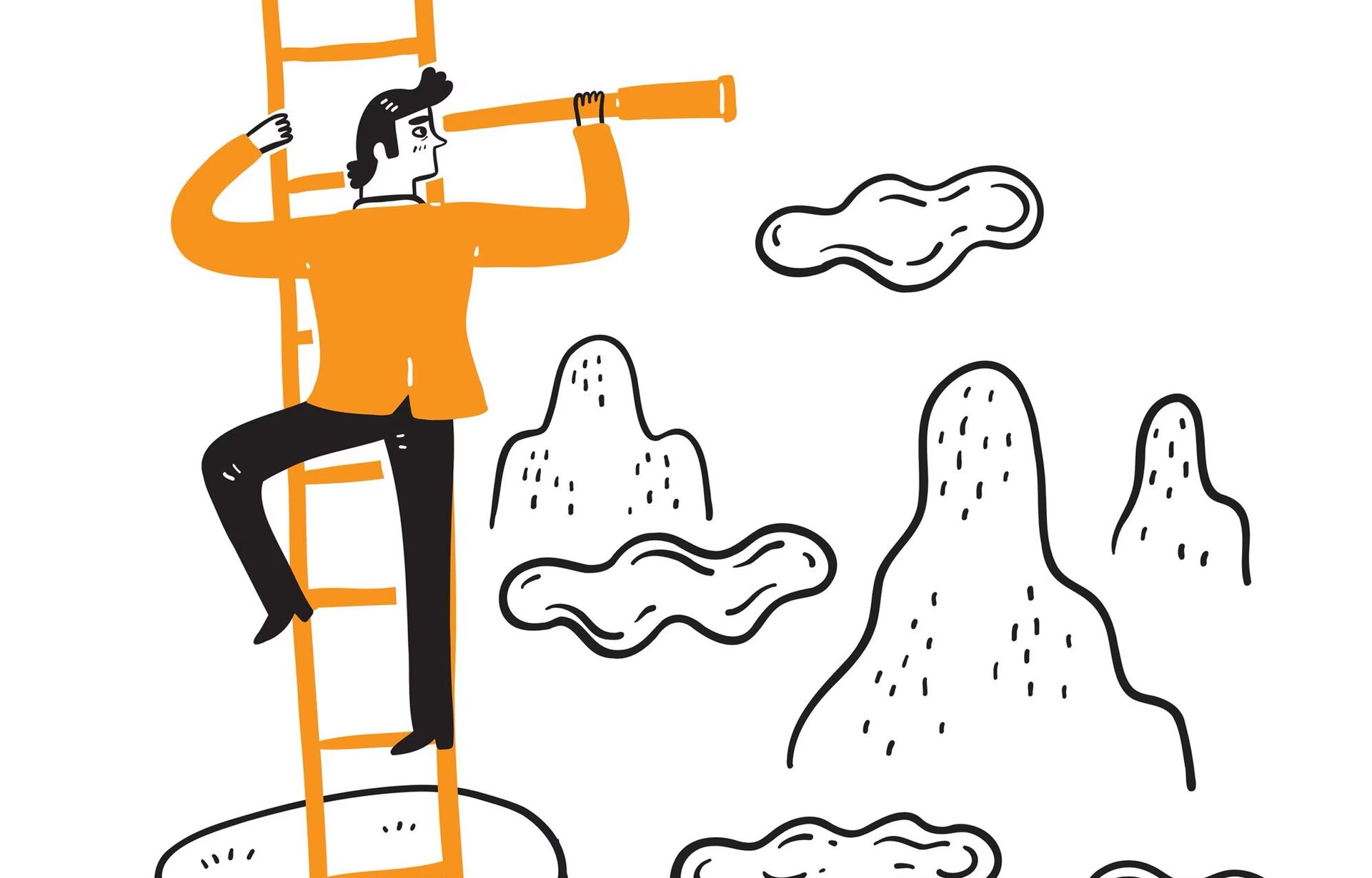 Ilustracja przedstawia mężczyznę wchodzącego na drabinę. W dłoni trzyma lunetę. Transkrypcja znajduje się poniżej.