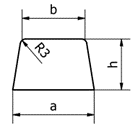 Wymiary wlewów rozprowadzających, mm (WRt) Na ilustracji przedstawiony jest wlew rozprowadzający oraz jego wymiary. Wlew ten na rysunku ma kształt trapezu równoramiennego z lekko zaokrąglonymi rogami. Ma zaznaczony górną podstawę jako b, dolną jako a, a wysokość jako h. Dodatkowo ma zaznaczone zaokrąglenie R3. 
