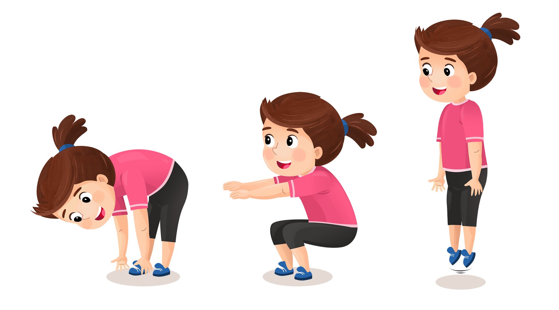 Ilustracja przedstawia ćwiczącą dziewczynkę. Robi ona skłony, przysiady i podskakuje.