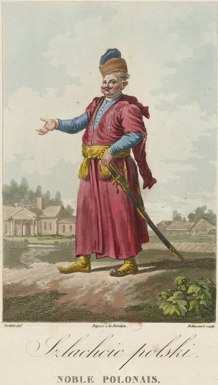 Zorientowana pionowo ilustracja z końca XVIII wieku przestawiająca na pierwszym planie, wypełniającą centralnie większą jego część postać wąsatego szlachcica polskiego w charakterystycznym stroju. Zwrócony lewym półprofilem zarumienionej, wąsatej, pucołowatej twarzy mężczyzna w średnim wieku ma na głowie wysoki, przechylony na prawy bok czoła, otoczony jasnobrązowym futerkiem niebieski kołpak. Spod niego, nad nienaturalnie dużym uchem, wystają kędziory jasnych, podgolonych dołem do skóry, równą poziomą linią według szlacheckiej mody, włosów. Mężczyzna spogląda na widza sponad podkręconych, cienkich, ciemnych wąsów, oczyma oprawionymi w dość obfite, ciemne brwi. Ubrany jest w czerwony kontusz z długimi, rozciętymi od łokci, swobodnie zwisającymi rękawami zwanymi wylotami. Zakończenie lewego sięga poniżej rysującego się pod kontuszem obfitego pośladka. Prawy wylot został zarzucony przez ramię na plecy. Spod wylotów ukazują się marszczone dość wąskie rękawy jasnoniebieskiego żupana, który widoczny również spod rozchylonego na piersiach kontusza, jest zapinany z przodu na szereg kilkunastu niewielkich guzików. Stroju dopełniają: żółty zakończony frędzlami, zawiązany z przodu, podtrzymujący wypięty brzuch, pas kontuszowy oraz podwieszona przy lewym boku na dwu paskach zwanych rapciami długa szabla w pochwie, sięgająca ziemi, na której szlachcic stoi w rozkroku w żółtych baczmagach, czyli butach z podwiniętymi w górę czubkami i długimi marszczonymi cholewami. Mężczyzna ukazany został z dość niskiej perspektywy, co podkreśla jego wyniosłość. Lewą dłoń wsparł na rękojeści szabli, a prawą uniósł otwartą wnętrzem ku jasnemu niebu z białym obłokiem, na którego tle rysuje się większość jego postaci. U dołu w oddali na wysokości kolan z lewej parterowy dwór z niższymi alkierzami po bokach i z zacienionym gankiem na środku w formie wspartego na czterech kolumnach portyku z trójkątnym tympanonem na froncie. Z prawej zabudowa folwarku. Za tym wszystkim po prawej i lewej widoczne korony drzew. Pod ilustracją, zaraz przy dolnej krawędzi drobnym, skośnym drukiem napisy: z lewej Norblin del, na środku Déposé à la Direction, przy tym niewielka czerwona okrągła pieczęć, a po prawej Debucourt sculp. Niżej na środku, podobną ozdobną, ale dużą czcionką, napis: Szlachcic polski, a pod nim mniejszą prostą i grubą, NOBLE POLONAIS.