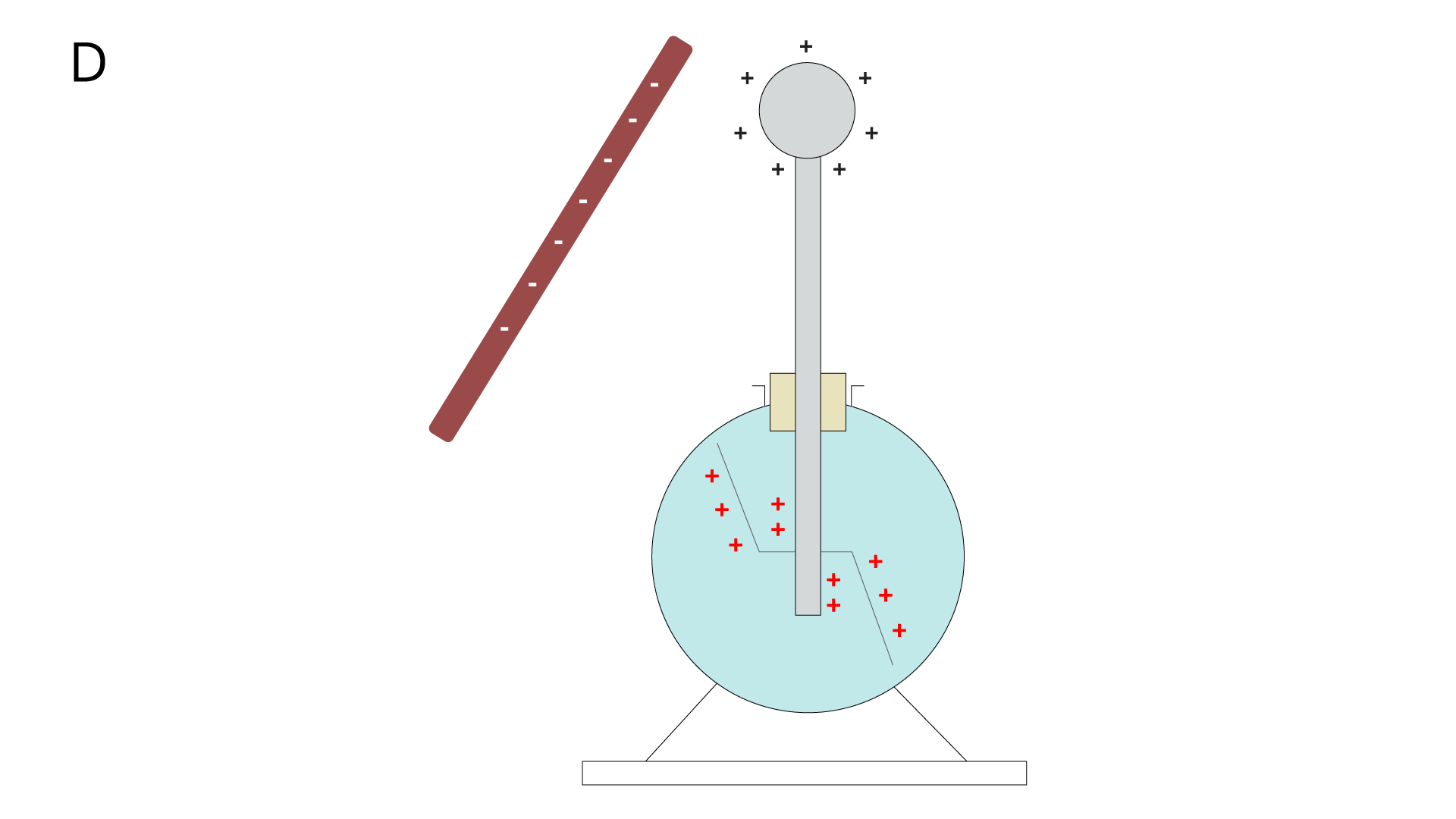 Rysunek przedstawia schemat elektroskopu - D. Na górze elektroskopu znajduje się kółko, wokół którego narysowane są znaki plus; poniżej pionowy prostokąt, przy jego dolnym końcu koło, wewnątrz którego dwa odcinki ukośne, wokół których narysowane są znaki plus.