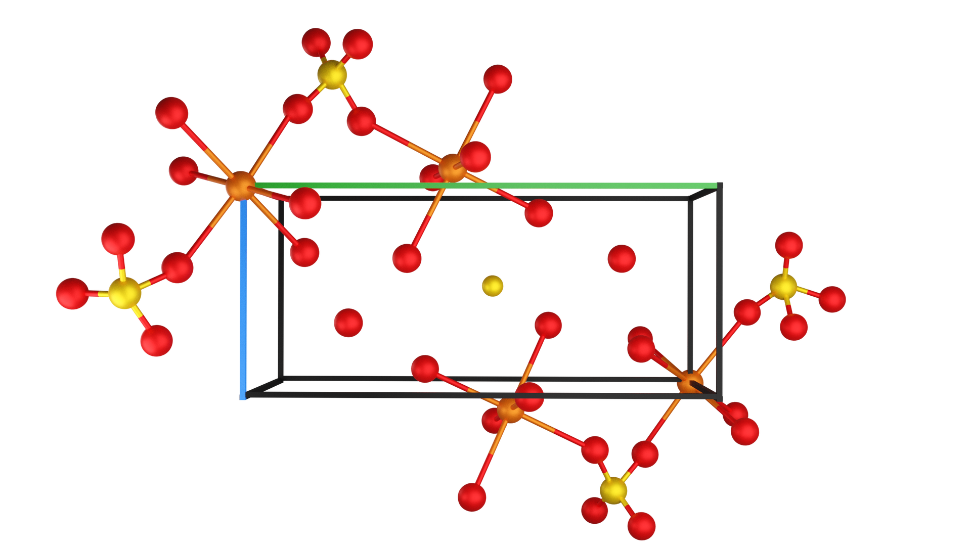 Grafika przedstawia komórkę elementarną C u S O indeks dolny 4 razy 5 H indeks dolny 2 O. Komórka elementarna ma kształt prostopadłościanu o dłuższych bokach poziomych. Górna, przednia, pozioma krawędź jest zielona, lewa, przednia, pionowa ma kolor niebieski. Pozostałe krawędzie prostopadłościanu są czarne. Na grafice przedstawione są modele kulkowe związku. Modele te mają kulki koloru czerwonego, brązowego i żółtego. Kolorem czerwonym zostały zaznaczone atomy/jony tlenu, brązowym jony miedzi, żółtym atomy siarki. W prostopadłościanie są trzy kulki niepołączone z niczym. W centrum jest kulka żółta, po bokach niej dwie kulki czerwone. Pozostałe kulki są połączone ze sobą w dwie takie same struktury. Naprzemiennie występuje żółta kulka z czterema ramionami na końcu których są kulki czerwone. Od jednej kulki czerwonej odchodzi ramię łączące z kulką brązową. Od tej kulki brązowej odchodzi dodatkowo jeszcze 5 innych ramion zakończonych czerwonymi kulkami. Jedna z nich łączy z kolejną kulką żółtą. Ten element wgląda tak samo jak ten pierwszy. Od kulki żółtej odchodzi ramię łączące z kolejnym elementem o centralnej brązowej kulce. Ta struktura składająca się z 4 elementów jest odbiciem lustrzanym kolejnych 4 elementów połączonych występujących po drugiej stronie prostopadłościanu. 