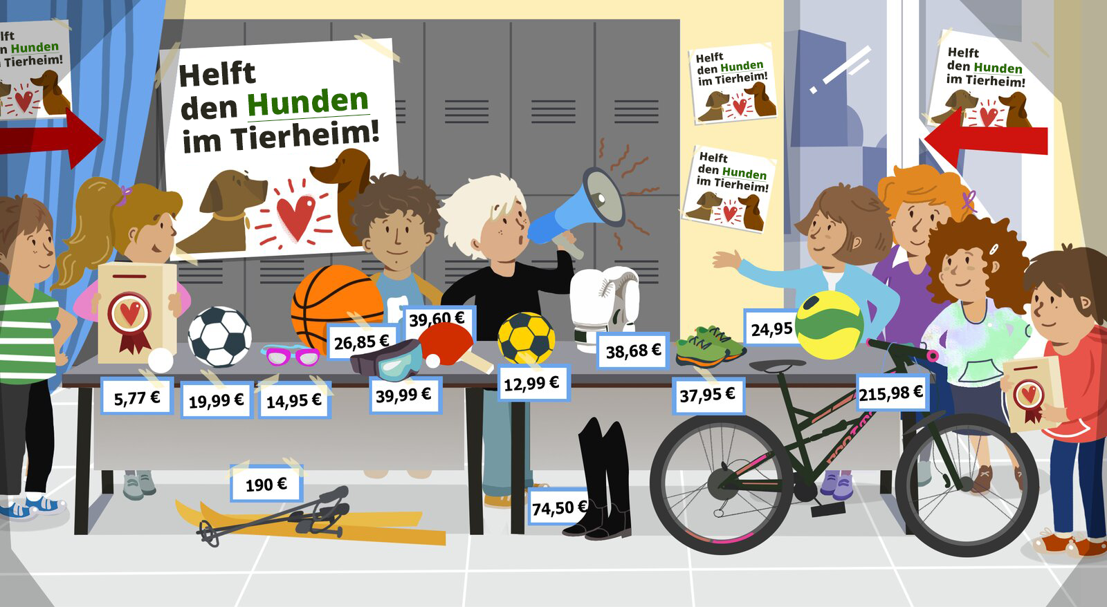 Zdjęcie przedstawia pchli targ zorganizowany na rzecz schroniska dla psów. Wystawione są m.in. rower, piłki, paletka do tenisa stołowego. 