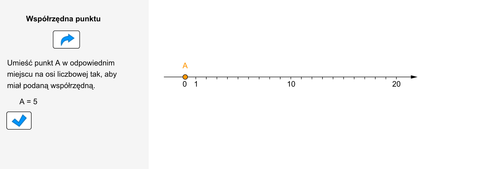 Animacja pokazuje oś liczbową z zaznaczonymi punktami 0, 1, 10, 20. Odcinek jednostkowy równy 1. Należy umieścić punkt A w odpowiednim miejscu na osi liczbowej, tak aby miał podaną współrzędną.