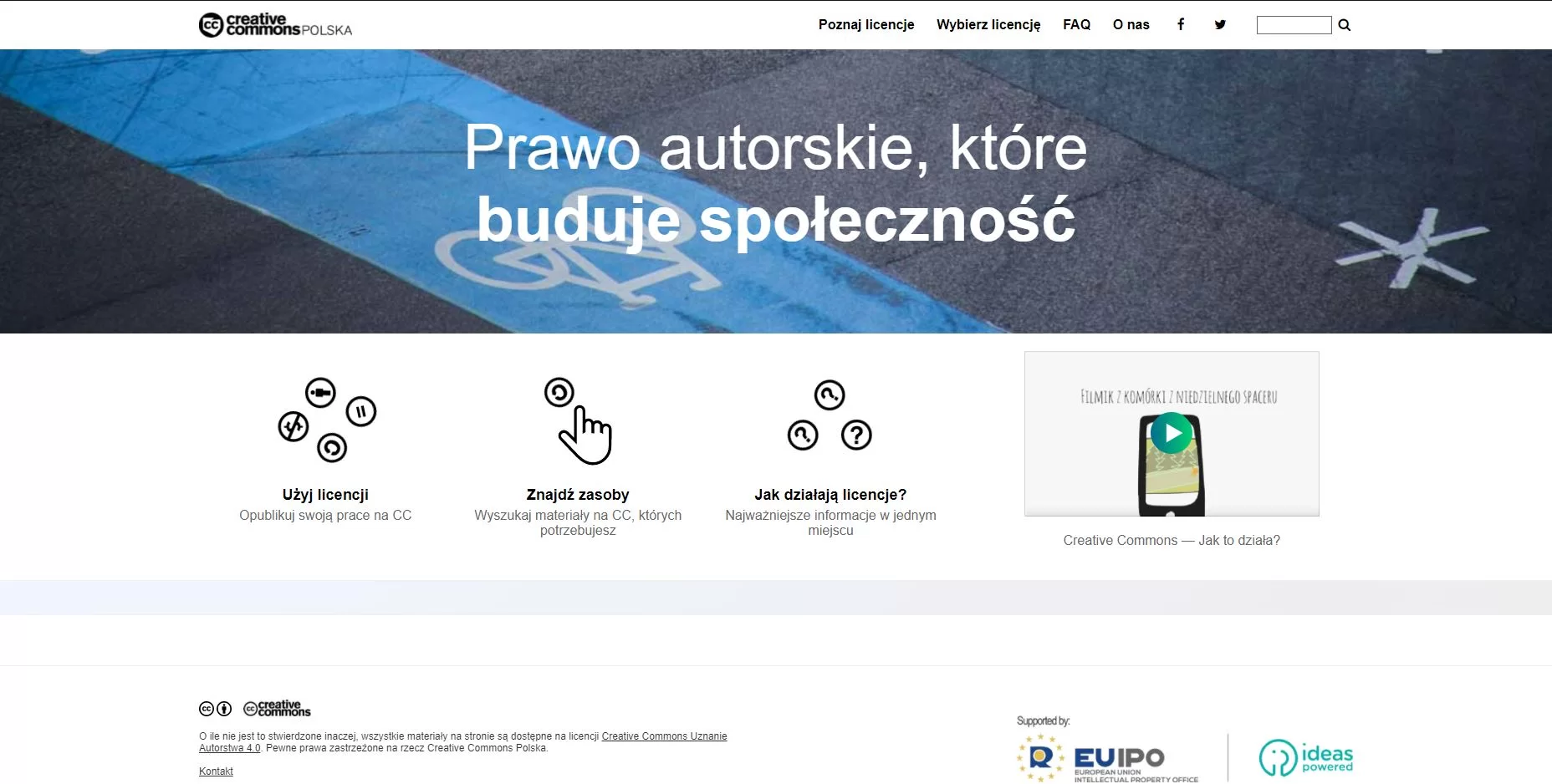 Zrzut okna strony internetowej http://creativecommons.pl. Strona główna pozwala poznać i wybrać licencję, opublikować swoją pracę na CC, wyszukać materiały na CC, oraz dowiedzieć się jak działają licencje.