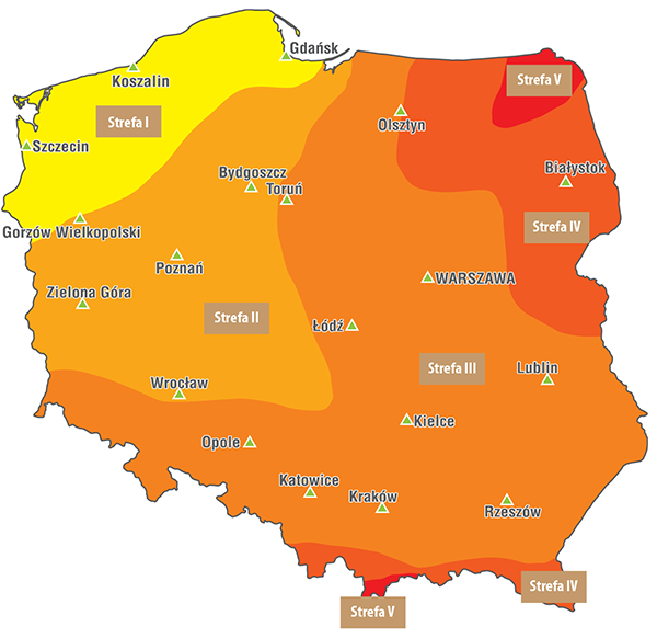 Grafika przedstawia mapę Polski z podziałem na strefy klimatyczne według Polskich Norm. Wyróżnionych jest pięć stref. Strefa pierwsza znajduje się na północnym zachodzie kraju. Strefa druga obejmuje fragment części północnej i zachodniej kraju. Strefa trzecia obejmuje fragment części północno‑wschodniej, część centralną, wschodnią i południową kraju. Strefa czwarta obejmuje południowo‑schodni skraj kraju oraz ścianę północno‑wschodnią. Strefa piąta obejmuje Suwalszczyznę i okolice Zakopanego.