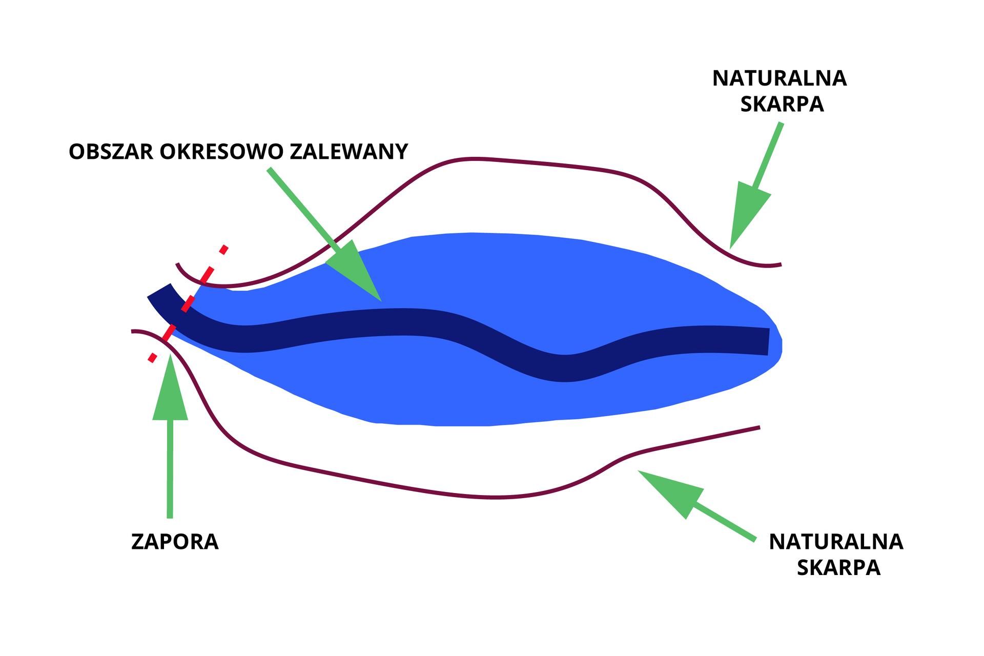 Ilustracja przedstawia schemat zbiornika, w którym są magazynowane większe dopływy wód, aż do osiągnięcia maksymalnego piętrzenia. Po przejściu fali powodziowej następuje samoczynne, stopniowe opróżnianie zbiornika. Ciemnoniebieską, grubą linią oznaczona jest rzeka. Dookoła niej narysowany jest podłużny, nieregularny kształt opisany jako obszar okresowo zalewany. Czerwoną, przerywaną linią zaznaczona jest zapora znajdująca się na początku rzeki, a wokół zbiornika narysowane są bordowe, nieregularne linie podpisane jako naturalna skarpa.
