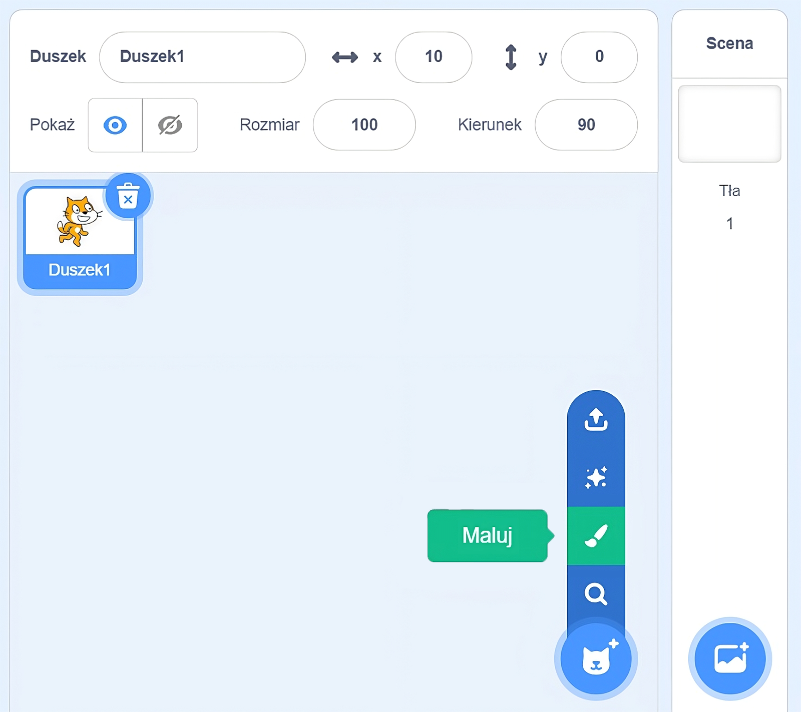 Na zdjęciu widać okna aplikacji gry w którym przedstawiono sposób tworzenia duszka.W górnej części ekranu znajduje się pasek narzędzi. W górnej części paska znajduje się pole z etykietą: duszek oraz podpisem: Duszek jeden, symbolem osi iks: z liczbą zero oraz symbolem osi igrek z liczbą zero. Niżej znajduje się etykieta pokaż z przyciskami oka oraz przekreślonego oka. Ikona z okiem jest zaznaczona na niebiesko. Obok znajdują się pola rozmiar oraz kierunek z przypisanymi liczbami sto oraz dziewięćdziesiąt.Niżej w lewym górnym rogu znajduje się zdjęcie bohatera. Na zdjęciu jest lisek. Po prawej stronie zdjęcia jest symbol kosza. Niżej znajduje się podpis Duszek jeden. Po prawej stronie znajduje się menu. Kolejne symbole przycisków od góry: strzałka wychodząca z prostej, duża gwiazdka pomiędzy czterema mniejszymi gwiazdkami, pędzel, lupa, głowa kota. Przycisk pędzelka jest podświetlony. Obok niego znajduje się napis: maluj.Po prawej stronie znajduje się belka z napisem scena oraz tło. Na dole jest przycisk z symbolem zdjęcia.