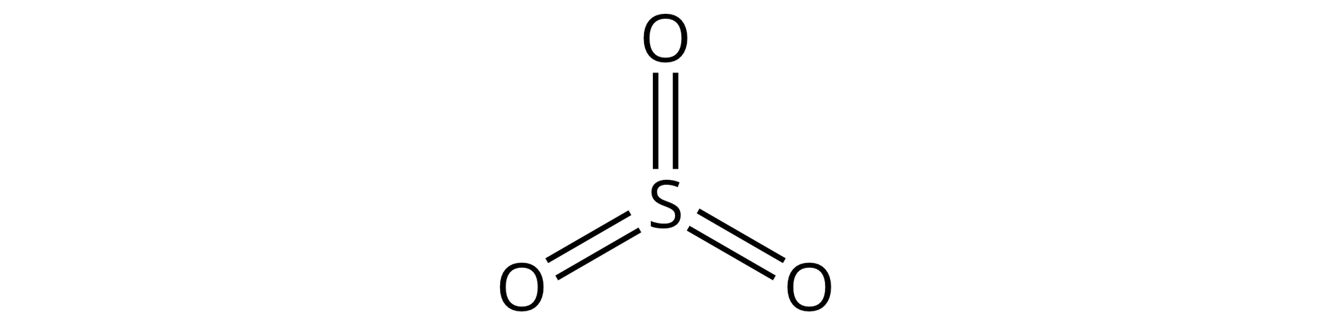 Ilustracja przedstawiająca tlenek siarki(<math aria‑label="sześć">VI) zbudowany z atomu siarki S, od którego poprowadzono trzy pary kresek, w sumie sześć kresek, pomiędzy poszczególnymi parami znajduje się kąt sto dwadzieścia stopni. Każda z par kresek łączy się z jednym atomem tlenu, to znaczy pomiędzy atomem siarki i atomami tlenu występują wiązania podwójne.