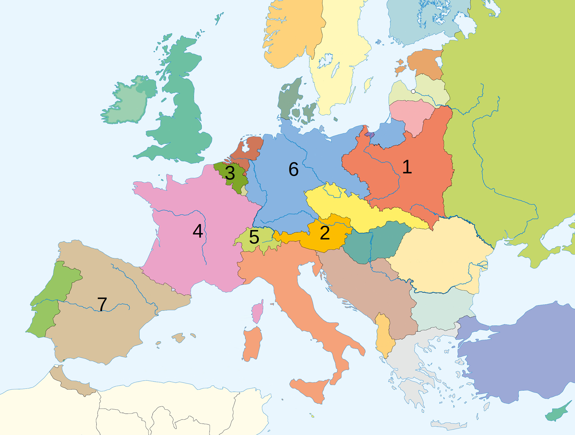 Mapa przedstawia podział polityczny Europy w latach 1919–1923. Na mapie zaznaczone są numerami następujące państwa: 1. Rzeczpospolita Polska, 2. Austria, 3. Królestwo Belgii, 4. Francja, 5. Szwajcaria, 6. Republika Weimarska, 7. Hiszpania.