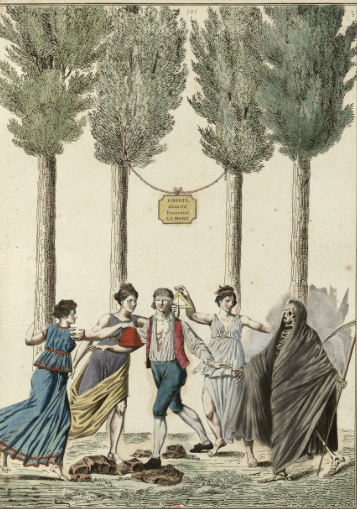 Obraz przedstawia scenę rodzajową. Na łące w pobliżu czterech wysokich drzew widać pięć postaci. Trzy kobiety w powłóczystych sukniach, mężczyznę i śmierć. Mężczyzna ma zawiązane oczy, jest między kobietami. Zbliża się do niego kościotrup w czarnej płachcie z kosą, symbolizujący śmierć.