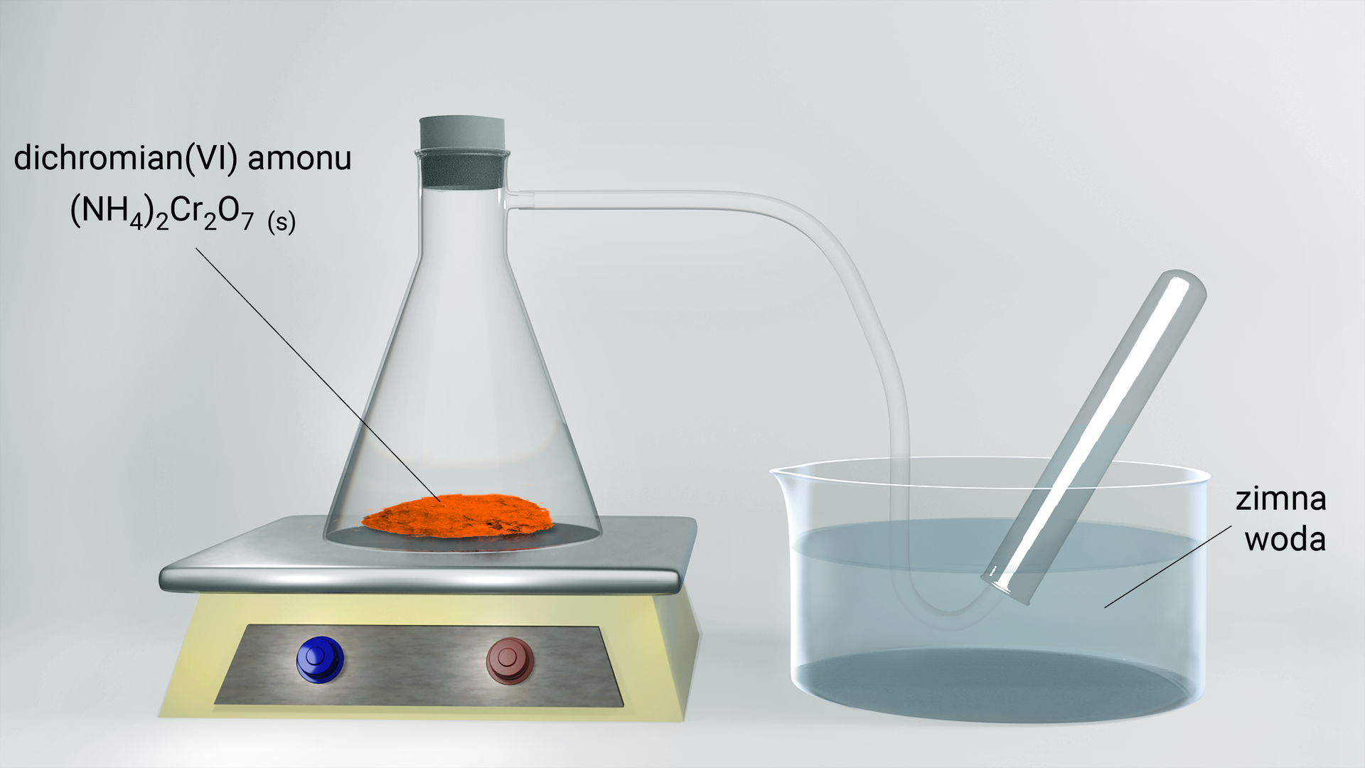 Z lewej strony ilustracji znajduje się kolba stożkowa ustawiona na płycie grzewczej, zawierająca niewielką ilość pomarańczowego proszku, podpisanego jako „dichromian amonu(<math aria‑label="sześć">VI) NH42Cr2O7 s". Kolba zatkana jest korkiem, a do tubusa bocznego podłączono wężyk odprowadzający. Drugi koniec wężyka umieszczono w probówce ułożonej do góry dnem i zanurzonej w krystalizatorze wypełnionym wodą, opisanym jako „zimna woda". Probówka również wypełniona jest wodą.