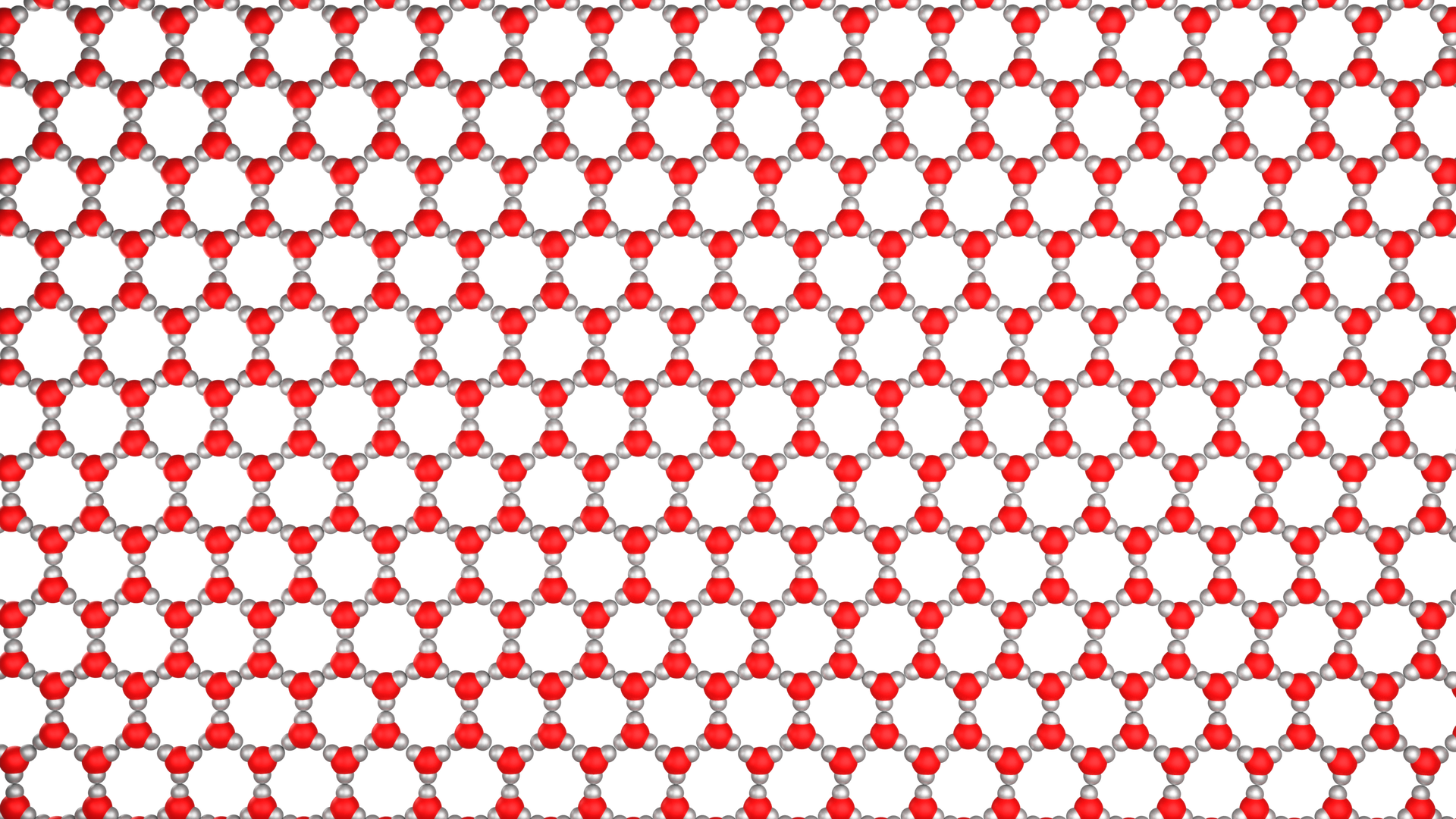 Ilustracja przedstawia strukturę krystaliczną lodu. To płaska powierzchnia zbudowana z połączonych ze sobą sześciokątów zbudowanych z czerwonych kulek. Tworzą regularną strukturę przypominającą sieć.  