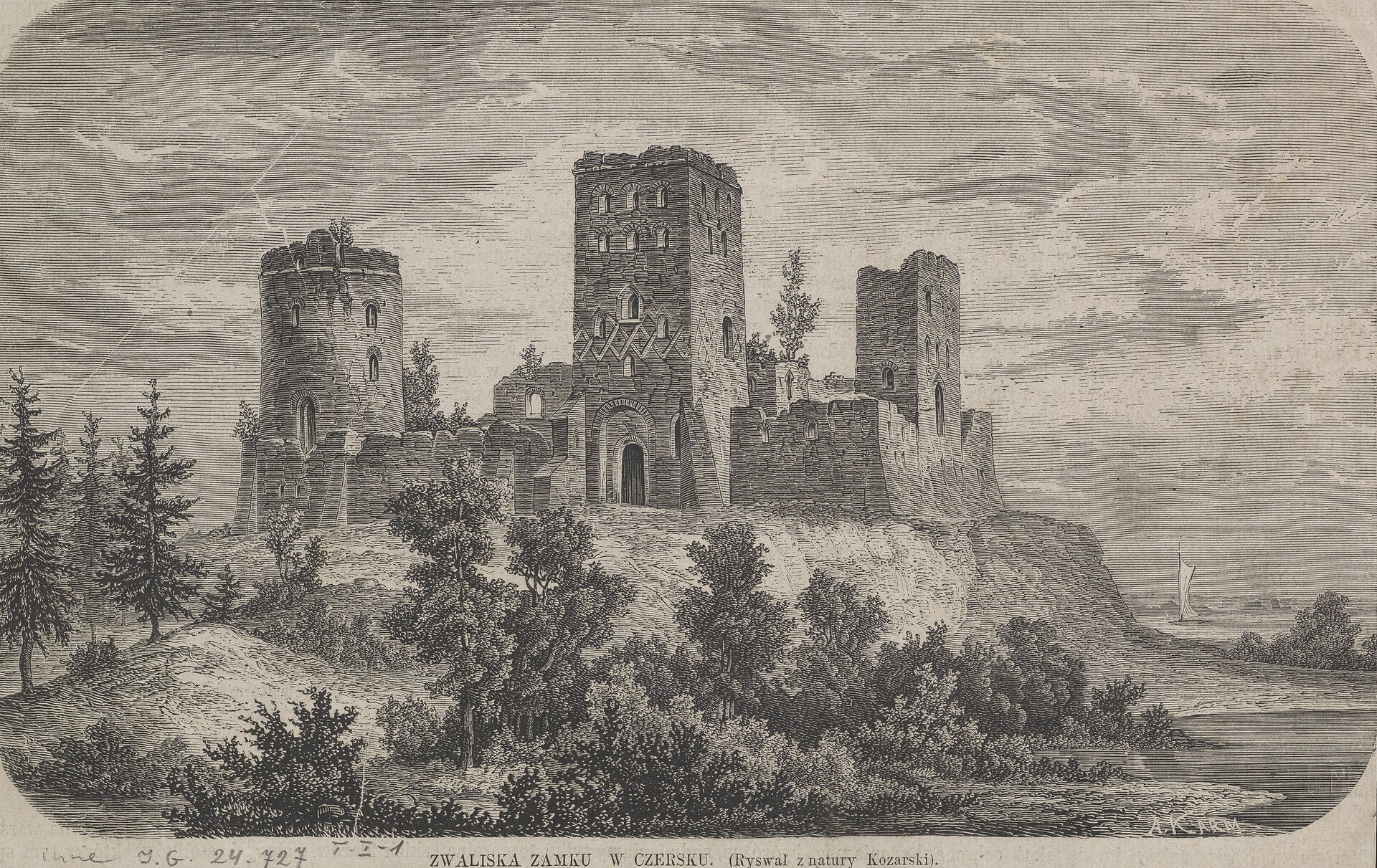 Ilustracja to reprodukcja rysunku, który przedstawia ruiny zamku w Czersku. Na rysunku uwidocznione zostało wzgórze zamkowe porośnięte drzewami, zza których wyłaniają się wieże zamkowe. Widoczna jest główna brama znajdująca się w kilkupiętrowej wieży w kształcie prostopadłościanu. Widoczne są mury obronne oraz inne, niższe baszty. Wszystko usytuowane na wzniesieniu, Z prawej strony na ilustracji widać rzekę.