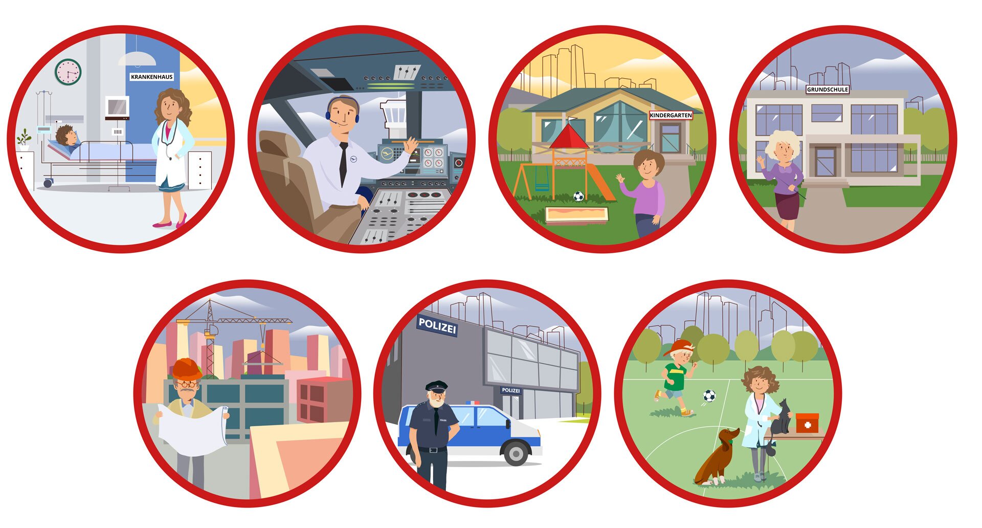 Ilustracja zatytułowana: Das sind die Jobs, die Fabians Familie macht. Na ilustracji znajduje się siedem obrazków w postaci kół. Na obrazkach umieszczono kolejno: salę szpitalną z łóżkiem, w którym leży pacjent. Na pierwszym planie stoi lekarka. Napis: Krankenhaus. Następnie widoczny jest kokpit samolotu wraz z pilotem. Kolejno budynek przedszkola wraz z placem zabaw na zewnątrz. Na pierwszym planie stoi kobieta i macha. Napis na budynku Kindergarten. Na kolejnym obrazku jest budynek Grundschule. Przed budynkiem stoi kobieta i macha. Kolejny obrazek przedstawia plac budowy. Na pierwszym planie stoi mężczyzna w kasku na głowie, przygląda się planowi budowy, który trzyma w rękach. Następny obrazek przedstawia policjanta przed budynkiem policji. Policjant stoi przed radiowozem. Na budynku jest napis: Polizei. Na ostatniej ilustracji znajduje się boisko, na którym chłopiec gra w piłkę nożną. Na pierwszym planie umieszczono rysunek przedstawiający kobietę w białym fartuchu. Na jej szyi wisi stetoskop. Na stole obok siedzi kot. Obok kota stoi apteczka. Obok kobiety, na trawie, siedzi pies.