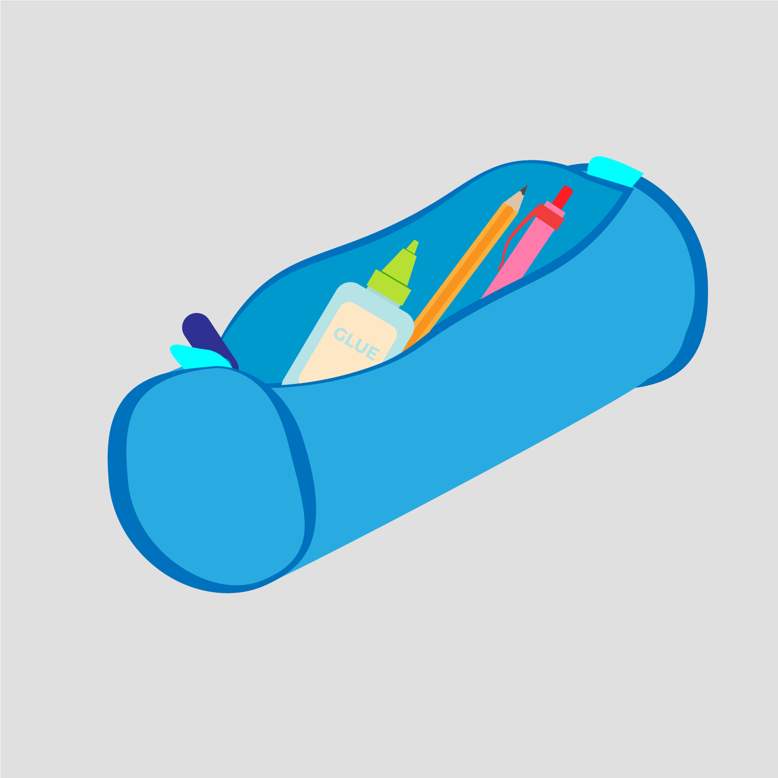Ilustracja przedstawia podłużny, niebieski piórnik na zamek, który jest otwarty, a w jego środku widzimy tubkę z klejem, ołówek i czerwony długopis.