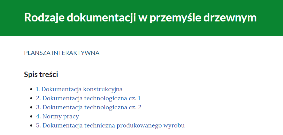 Grafika przedstawia spis treści znajdujący się w planszy ineraktywnej. Widoczne są ponumerowane tytuły plansz. Kliknięcie tytułu pozwala przejść do danej planszy.