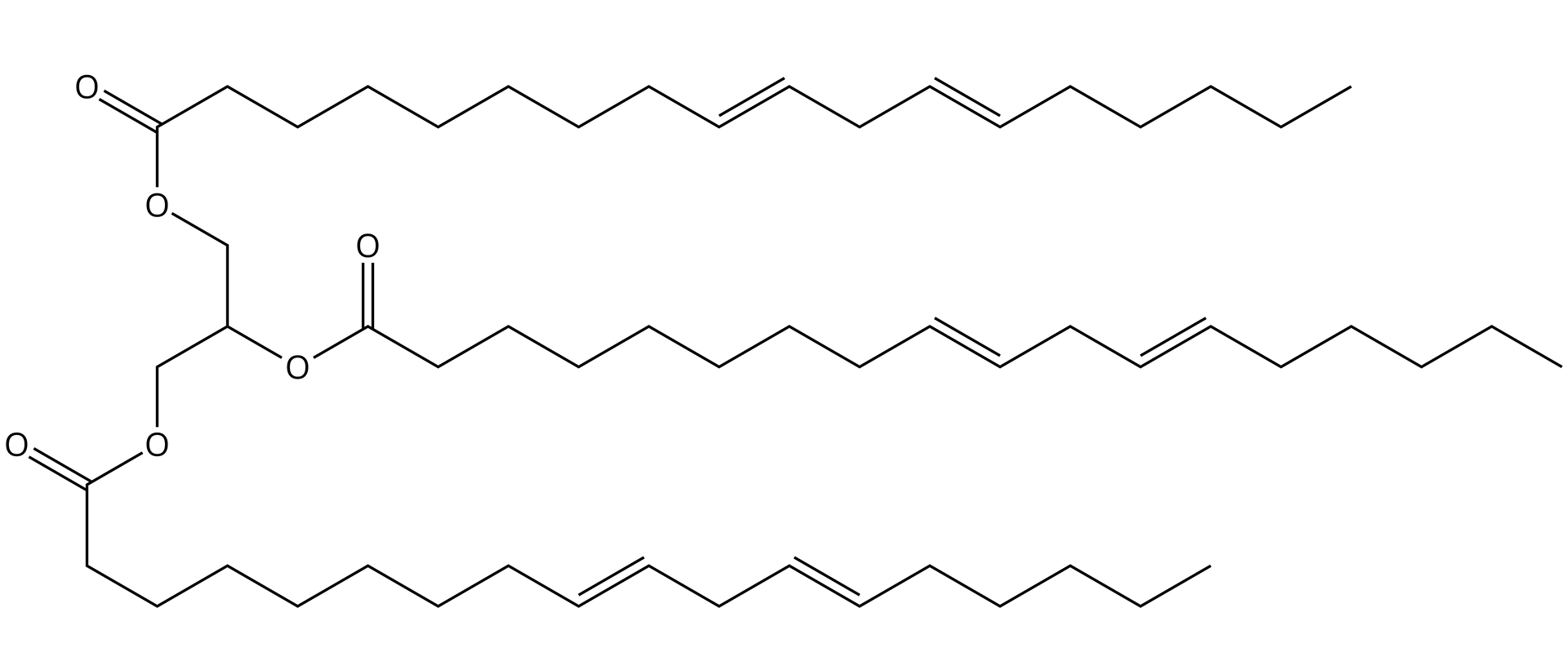 Ilustracja przedstawiająca wzór kreskowy trilinolanu glicerolu. Wszystkie atomy węgla i wodoru przedstawiono w formie szkieletowej, to znaczy zaprezentowano w postaci łamanych, w których każde załamanie, tworzące kąt sto dwadzieścia stopni odpowiada atomowi węgla podstawionemu odpowiednią ilością atomów wodoru, zaś kreski stanowią tradycyjnie wiązania. Zatem wzór kreskowy jest następujący. Cząsteczka składa się z trójwęglowego łańcucha glicerolu składającego się z dwóch kresek. Od każdego z trzech punktów załamania, to jest atomów węgla odchodzi kreska łącząca atomy węgla z atomami tlenu O. Wspomniane atomy tlenu łączą się za pomocą pojedynczego wiązania z atomem węgla, a atom węgla łączy się za pomocą wiązania podwójnego, to jest dwóch kresek z atomem tlenu. Każdy z atomów węgla grupy estrowej łączy się ponadto z łańcuchem węglowodorowym składającym się z łamanej utworzonej przez siedemnaście kolejno połączonych ze sobą kresek, co odpowiada siedemnastu atomom węgla, pomiędzy dziewiątym a dziesiątym oraz dwunastym a trzynastym atomem węgla znajdują się wiązania podwójne, co reprezentują każdorazowo dwie kreski.  