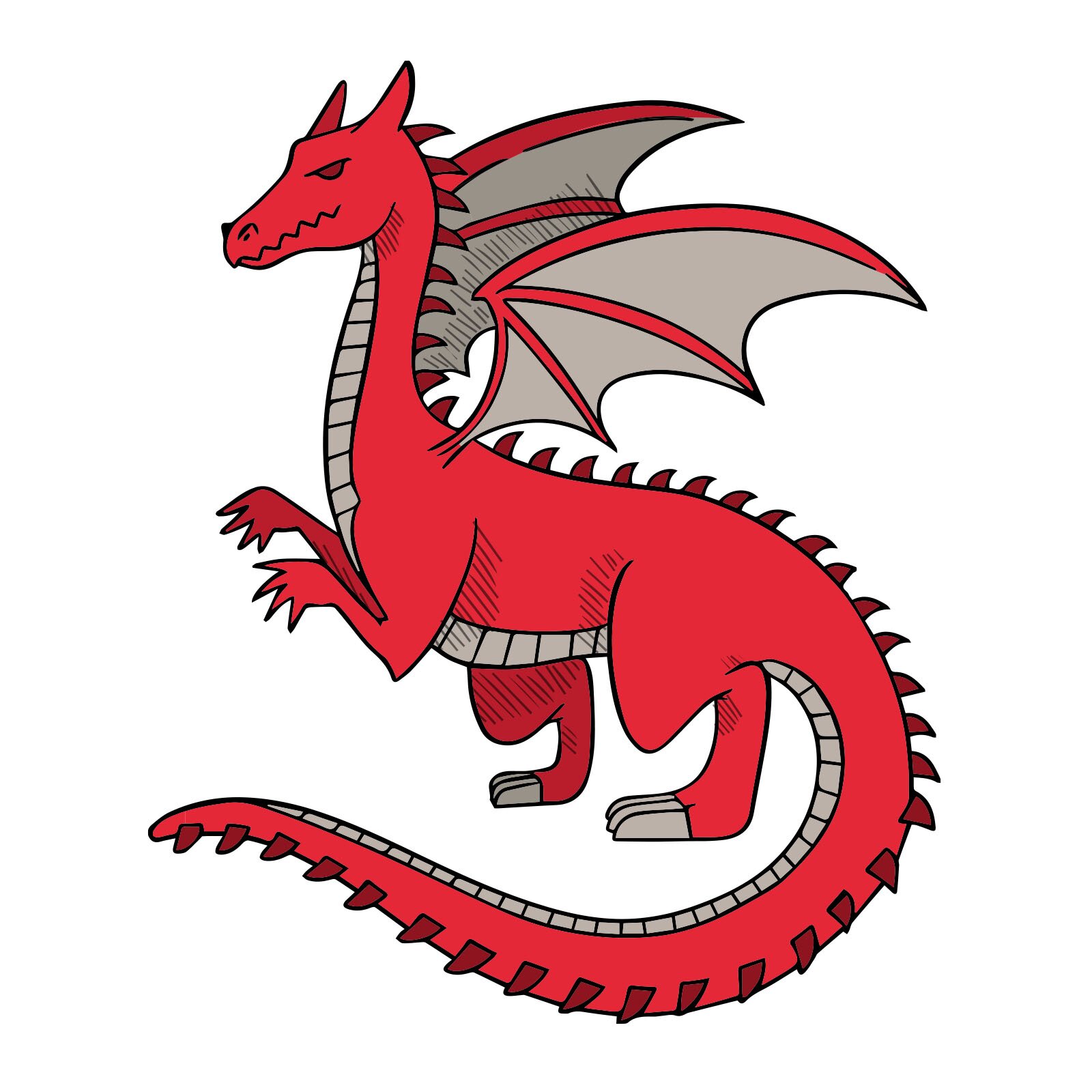 Na ilustracji znajduje się wielki, czerwony smok z szarymi skrzydłami.
