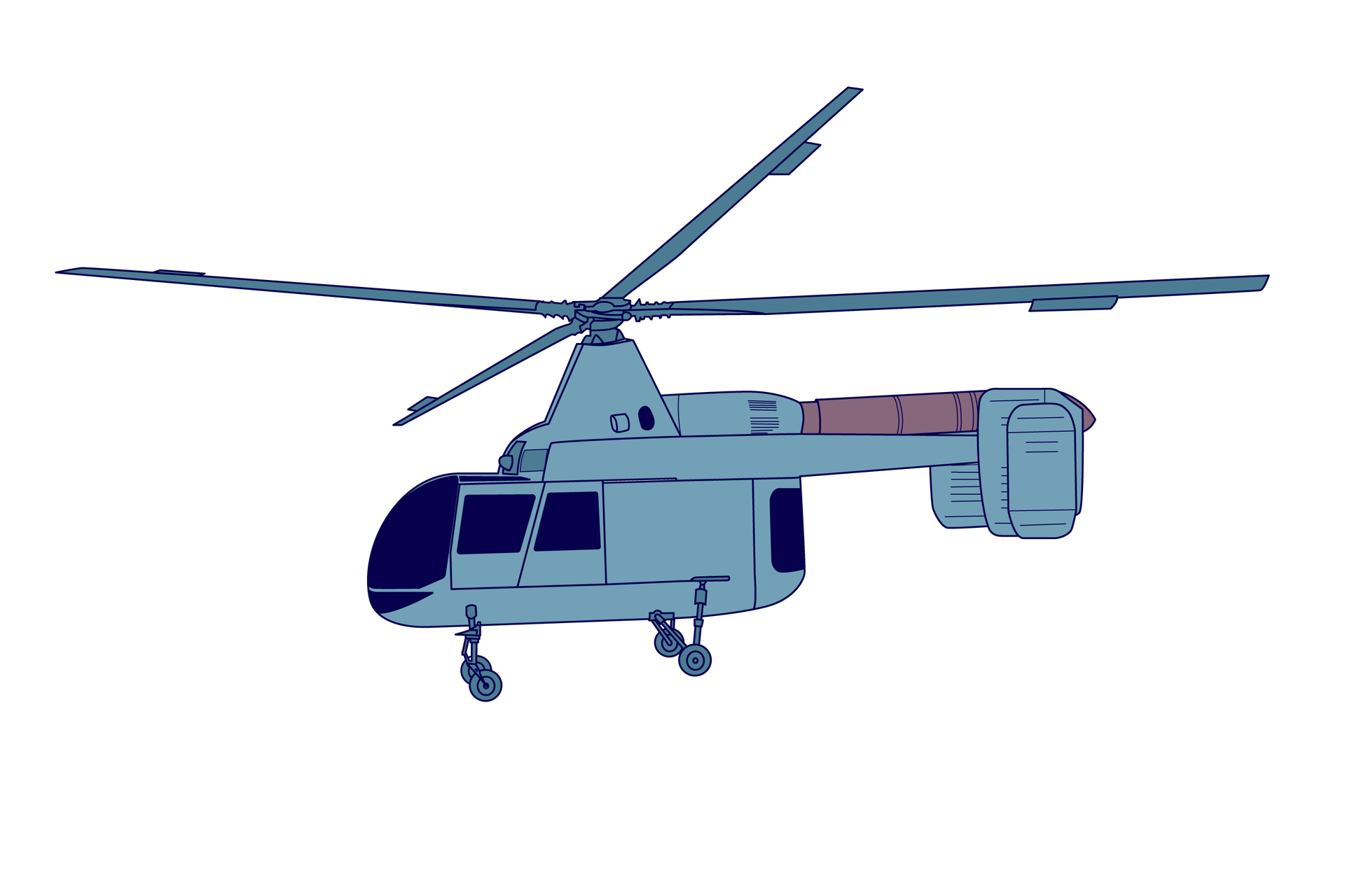 Ilustracja przedstawia przykład śmigłowca dwuwirnikowego z krzyżującymi się wirnikami. Kabina posiada cztery koła podwozia i ogon z usterzeniem. Na szczycie kabiny zamontowane są dwa śmigła o dwóch łopatach, które zamontowane są obok siebie a ich płaszczyzny obrotu się przecinają.