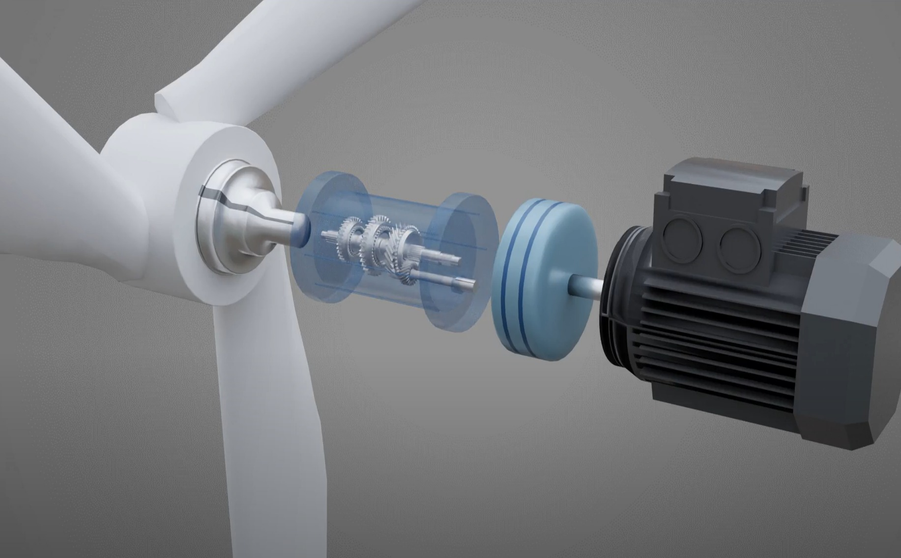 Grafika przedstawia budowę turbiny wiatrowej. Widoczne są łopaty wiatraka, koła zębate o różnej wielkości oraz silnik. 
