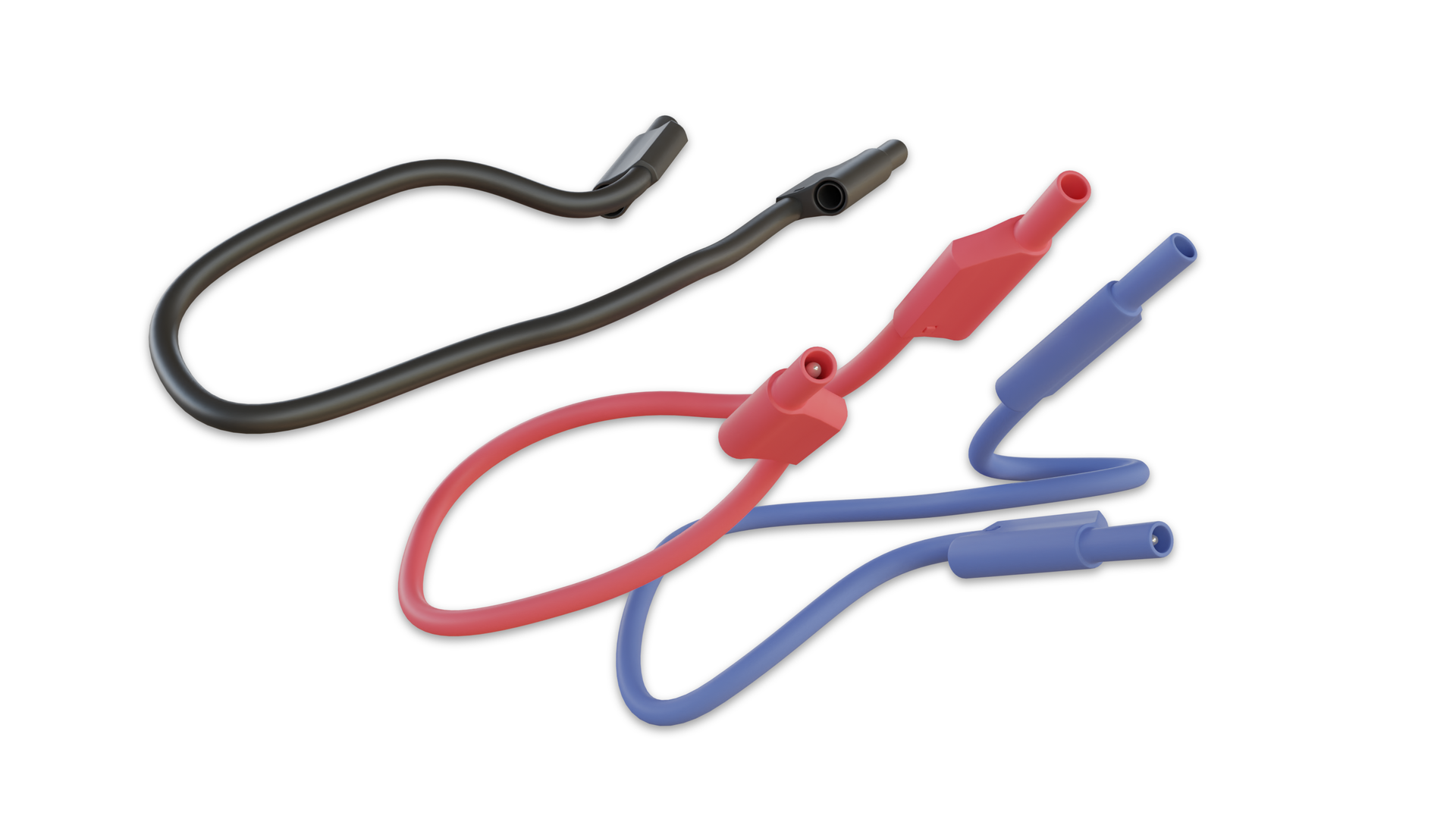 Grafika przedstawia przewody elektryczne typu bananowego o różnych kolorach. Są to różnej długości kable zakończone wtykami.