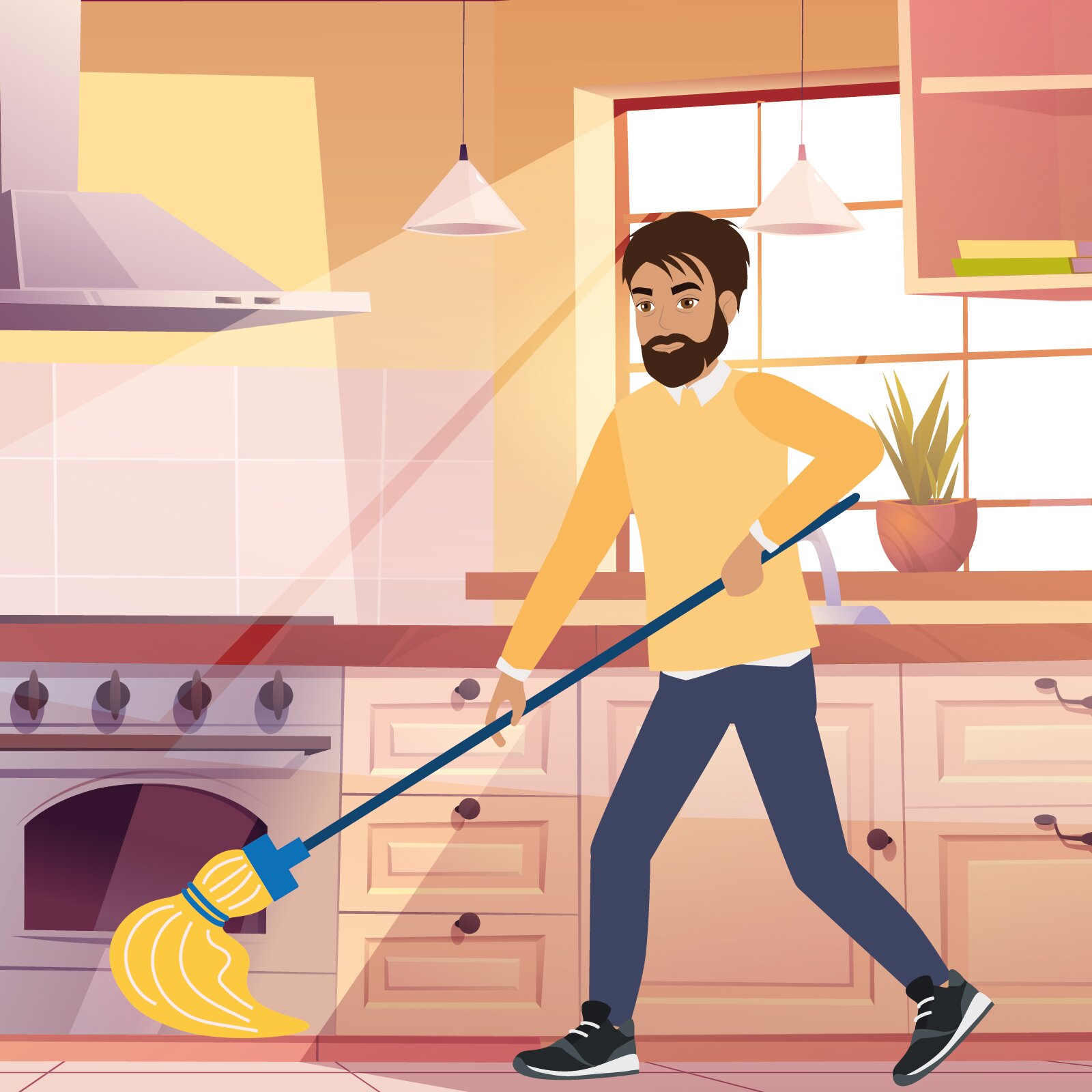 Ilustracja przedstawia mężczyznę w żółtym swetrze i niebieskich dżinsach, który myje kafelkową podłogę w kuchni, trzymając w dłoniach niebieski mop o żółtej głowie. 