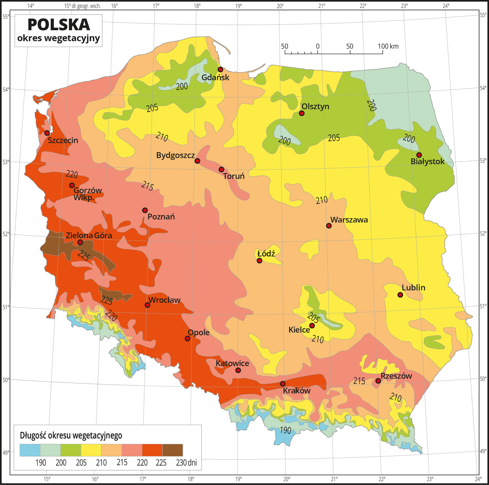 Ilustracja przedstawia mapę Polski. Na mapie kolorami zaznaczono długość okresu wegetacyjnego. Z lewej strony mapy jest kolor brązowy, przechodzący w kierunku wschodnim w czerwony, potem żółty, zielony do zielono-niebieskiego. Najwięcej obszarów w kolorze zielonym i zielono-niebieskim występuje na północnym-wschodzie i na południu. W południowej części mapy, obejmującym góry występuje również kolor niebieski. Na izoliniach opisano długość okresu wegetacyjnego od stu dziewięćdziesięciu dni – kolor niebieski do dwustu trzydziestu dni – kolor brązowy. Czerwonymi punktami zaznaczono miasta wojewódzkie. Mapa pokryta jest siatką równoleżników i południków. Dookoła mapy jest biała ramka, w której opisane są współrzędne geograficzne. Poniżej mapy w legendzie umieszczono prostokątny poziomy pasek. Pasek podzielono na osiem kolorów. Z lewej strony niebieski, niebiesko-zielony, dalej zielony przez żółty, pomarańczowy i czerwony do brązowego. Na izoliniach opisano długość okresu wegetacyjnego od stu dziewięćdziesięciu dni – kolor niebieski do dwustu trzydziestu dni – kolor brązowy. Opisano izolinie sto dziewięćdziesiąt dni, dwieście, dwieście pięć, dwieście dziesięć, dwieście piętnaście, dwieście dwadzieścia, dwieście dwadzieścia pięć, dwieście trzydzieści dni.