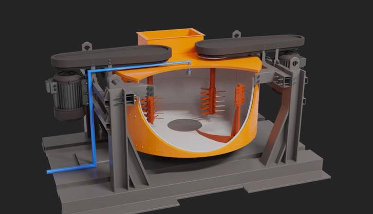 Na ilustracji przedstawiona jest mieszarka turbinowa. Misa obrotowa ma kształt walca, u góry którego znajduję się prostokątny otwór wsypowy. Do misy od góry oraz z obu stron przyczepione są elementy napędu, które pozwalają na jej obrót. Z zewnątrz, wzdłuż misy poprowadzony jest wąż, który doprowadza wodę do wnętrza mieszarki. Na ilustracji misa obrotowa ma otwór, dzięki któremu można zobaczyć elementy wewnątrz. W środku znajdują się dwie turbiny, które zakończone są wąskimi patyczkami pod kątem prostym. Na środku w spodzie misy widoczny jest okrągły otwór, przez który wysypuję się gotową masę. Całą konstrukcje mieszarki trzyma po bokach stelaż wykonany z metalu.