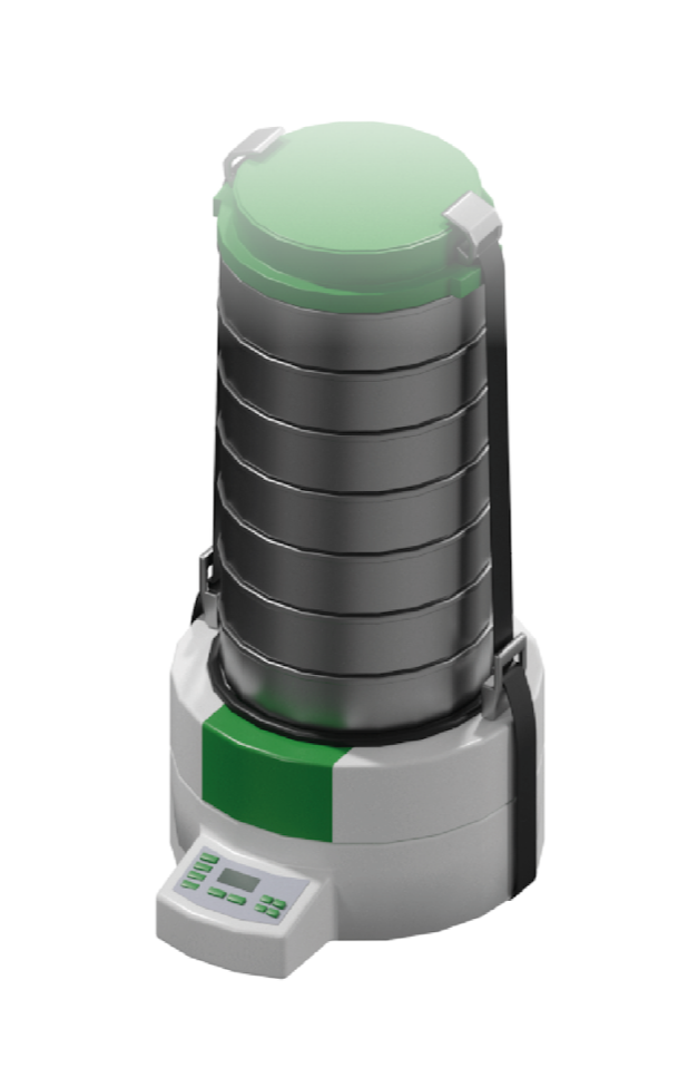 Na ilustracji jest model przesiewacza. Przesiewacz zbudowany jest z panelu sterowania, wstrząsarki, która jest na dole urządzenia. Nad wstrząsarką jest zestaw kilku sit umieszczonych jedno na drugim. Sito na samej górze ma pokrywę.