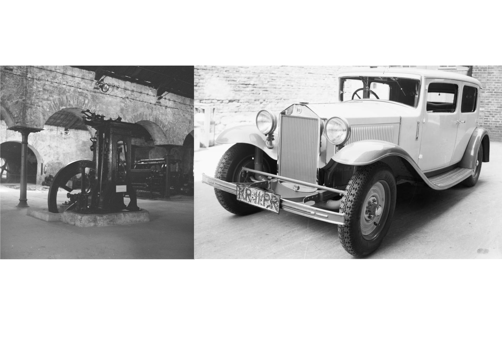 Dwie czarno-białe fotografie przedstawiają zabytki techniki z czasów rewolucji przemysłowej. Pierwszy z nich to koło będące częścią maszyny parowej, umieszczone w stalowej konstrukcji. Na drugim zdjęciu widoczny jest zabytkowy samochód z długim przodem oraz dwoma okrągłymi reflektorami.