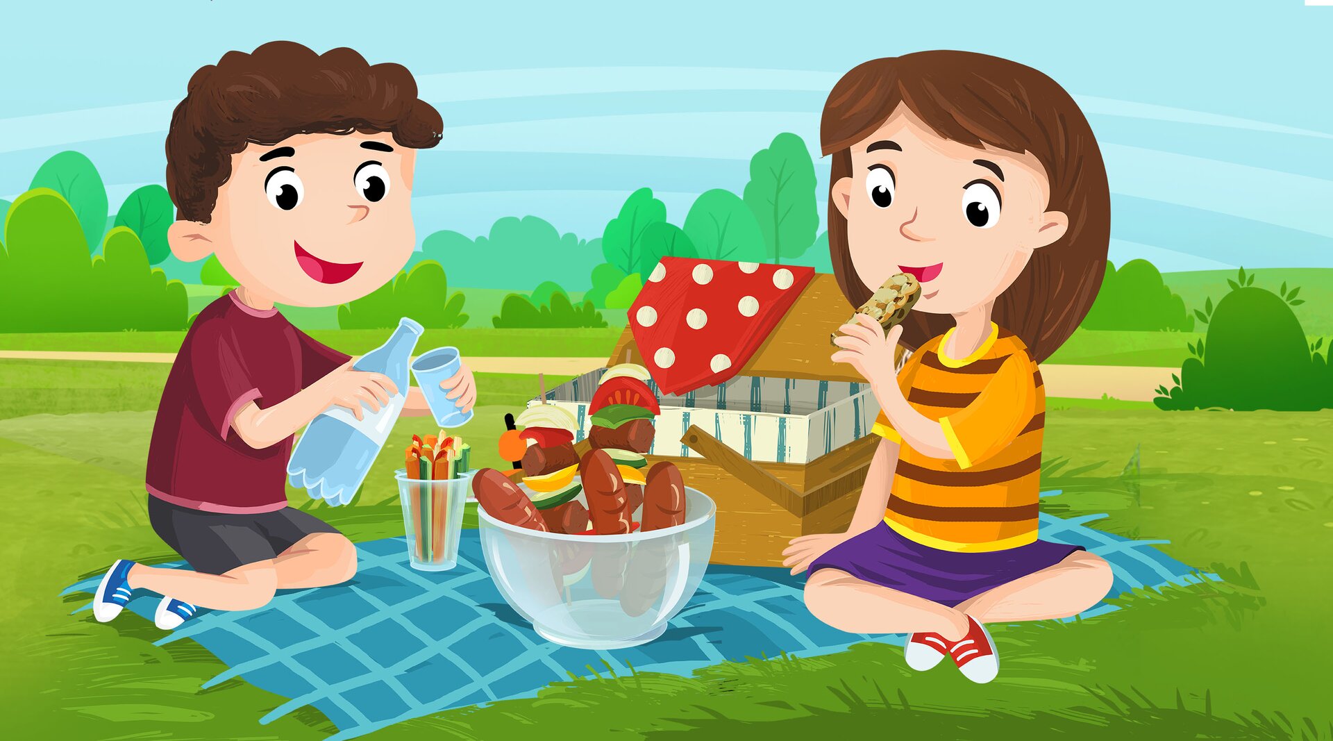 Na ilustracji znajdują się chłopiec i dziewczynka w trakcie pikniku.
