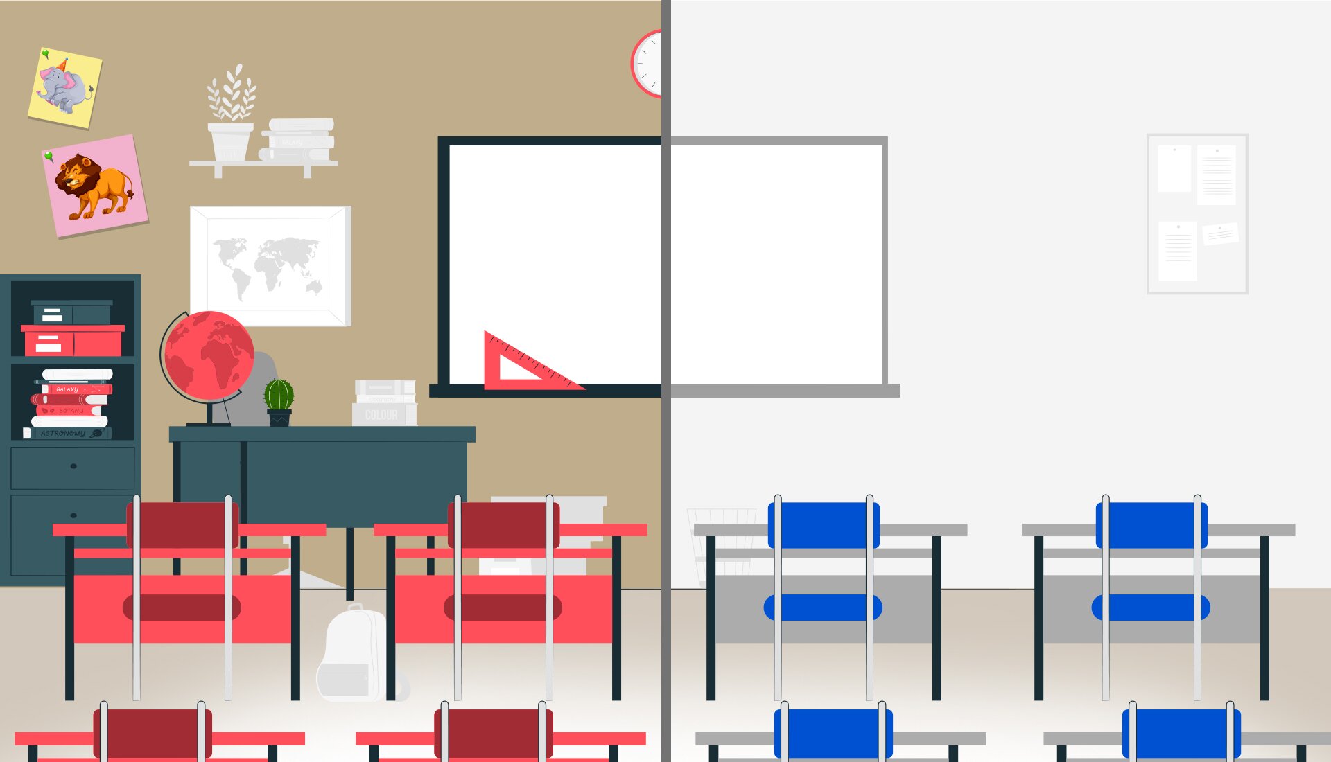 Grafika przedstawia salę lekcyjną w dwóch zupełnie różnych wariantach. Całość jest przedzielona na pół w pionie. Na lewej, kolorowej części ukazano tablicę, obok której na ścianie wiszą rysunki, mapa oraz półka. Przed tablicą stoi biurko z globusem oraz niski regał wypełniony różnymi przedmiotami. Przed biurkiem ustawiono kilka ławek z krzesłami. Natomiast prawa strona grafiki ukazuje szare pomieszczenie z tablicą, przed którą stoją szare ławki z niebieskimi krzesełkami.