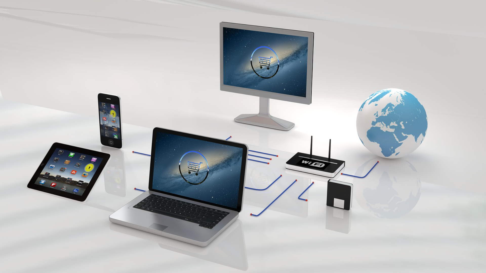 Ilustracja przedstawia urządzenia nowych technologii. Widoczne są urządzenia: tablet, smartfon, laptop, monitor, router wi‑fi oraz modem. Wszystkie te urządzenia połączone są w schemacie kreskami z kulą ziemską.