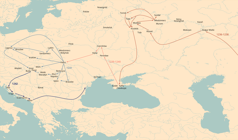 Mapa przedstawia Inwazję Mongołów na terytorium Europy Wschodniej w 13 w. Inwazja w latach 1236- 1238 z Kierunku Mongolii przez Rosję przez Ukrainę do wybrzeża Morza Czarnego. W latach 1239- 1240 z Wybrzeża Morza Czarnego przez Ukrainę do Halicza położonego w Bieszczadzkim Parku Narodowym. 1241 rok na Halicza na północ Polski do Czech, Słowacji, Węgier. W 1242 roku z Węgier do Chorwacji, Boni i Hercegowiny, Czarnogóry do wybrzeża morza czarnego do Bułgarii. 