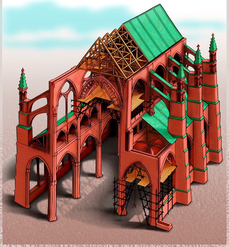 Przekrój przez gotycką katedrę ukazuje jej konstrukcję; nawę główną, nawy boczne oddzielone łukami wspartymi na filarach oraz system łuków i przypór, które wraz z filarami odciążają sklepienie. Częściowo odkryty dach dwuspadowy nad nawą główną ukazuje pod nim drewnianą konstrukcję.