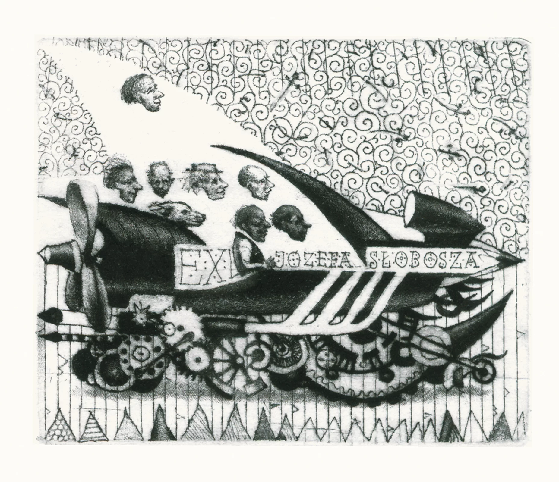 Ilustracja przedstawia obraz Piotra Gojowego „Ex libris Józefa Słobosza". Ukazuje głowy postaci znajdujące się nad fantastycznym pojazdem z ołówkiem i śmigłem z tyłu oraz różnymi rozmiarami kół i trybów. Postacie są na tle plamy w kształcie fragmentu półksiężyca w kolorze białym. Tło jest abstrakcją w ślimacznice i abstrakcyjne znaki. U dołu zamieszczone są rysunki trójkątów.