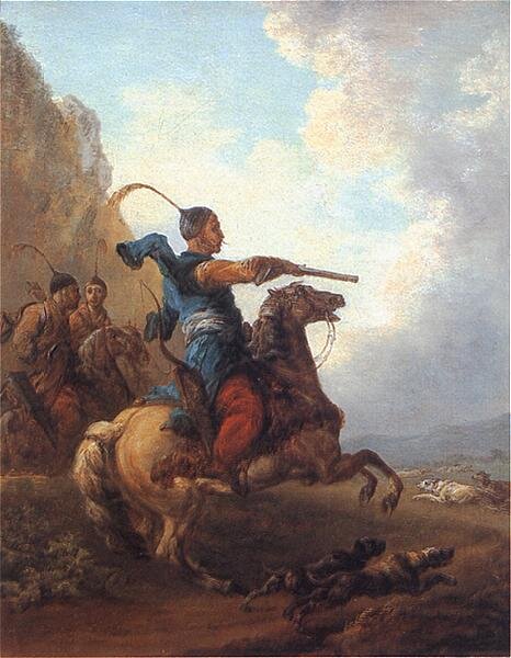 Obraz przedstawia trzech mężczyzn na koniach. Mężczyzna na pierwszym planie w prawej uniesionej przed siebie ręce trzyma strzelbę. Ubrany jest w niebieski, przepasany strój z powiewającymi z tyłu rękawami. Ma czerwone, luźne spodnie. Jego koń ma uniesione przednie kopyta, lekko przysiada na tylnych nogach. Po lewej stronie obrazu kolejni dwaj Czerkiesi. Wszyscy trzej mają na głowach dopasowane nakrycia z długim piórem na czubku. Wokół koni znajdują się psy — ukazane w szybkim biegu. Po lewej stronie obrazu jest strome wzniesienie, w tle po prawej stronie znajduje się płaskowyż.